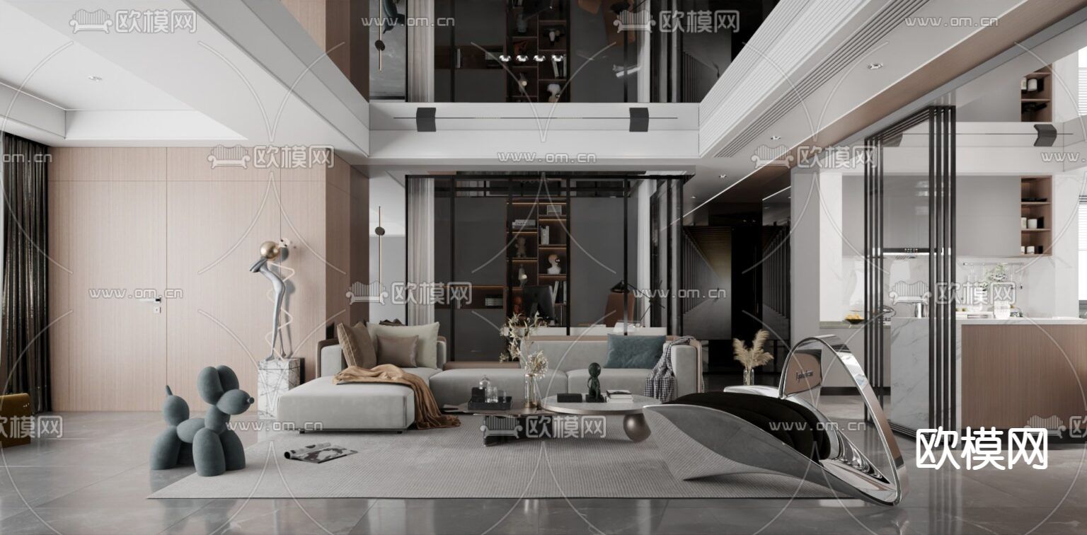 高级灰别墅客厅免费3d模型下载