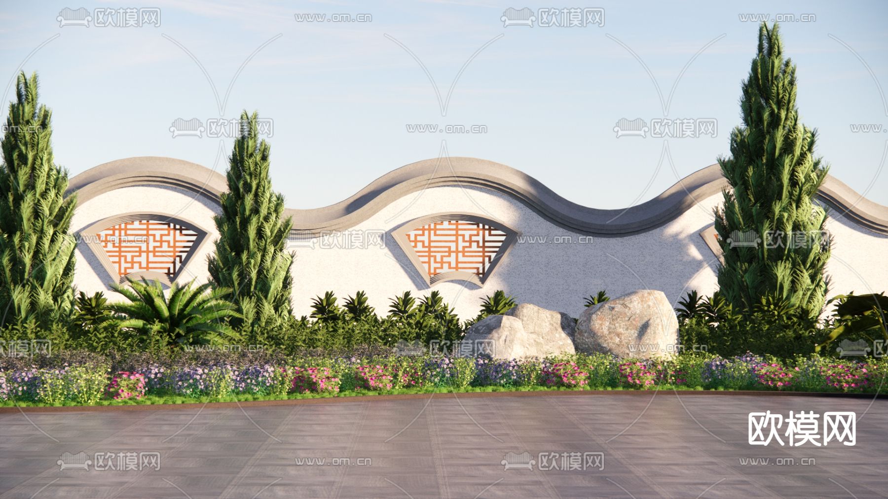 新中式植物堆灌木花草su模型下载（渲染图1）