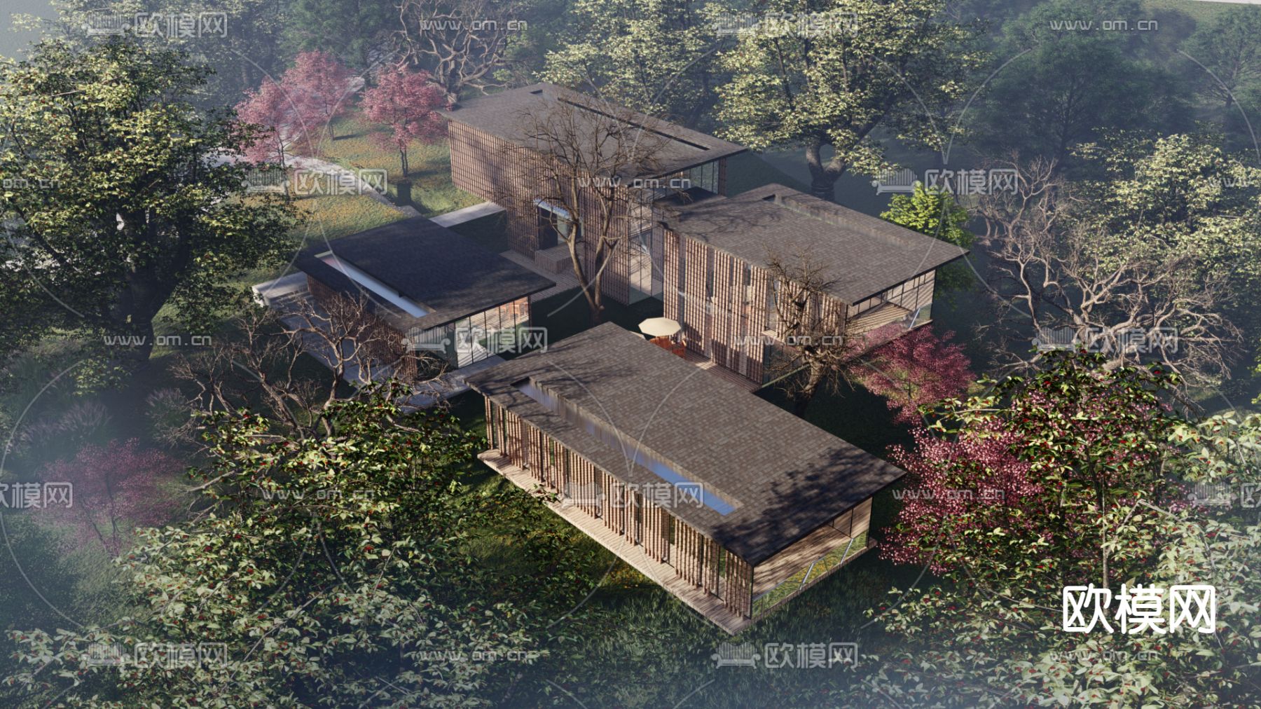 新中式民宿建筑鸟瞰su模型下载（渲染图1）