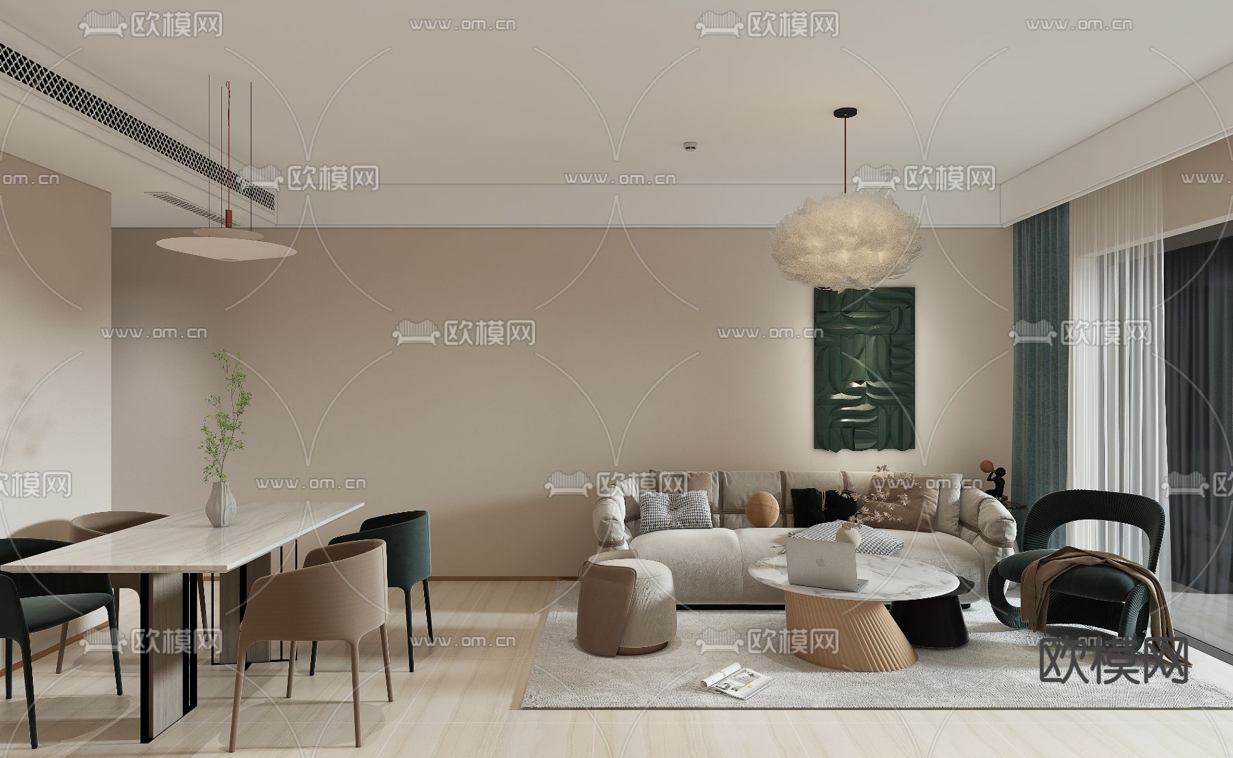 奶油风客餐厅免费3d模型下载（渲染图2）