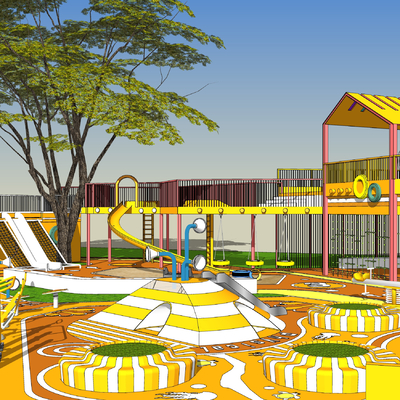  现代儿童树屋滑梯游乐场地su模型 