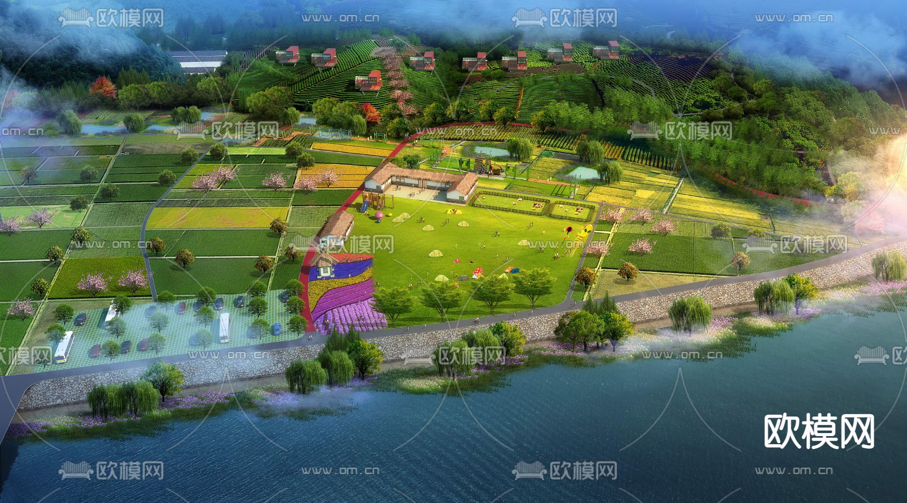 现代湿地公园帐篷露营鸟瞰psd下载