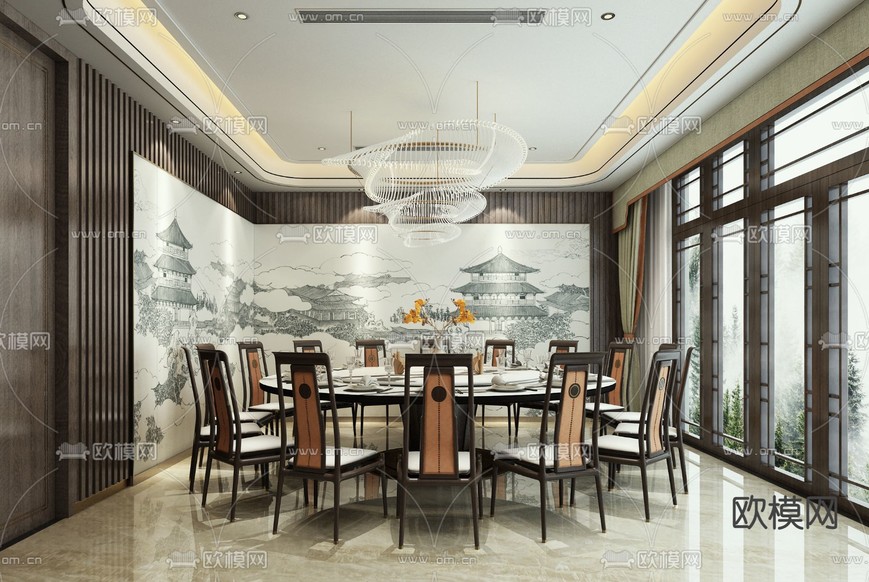新中式茶室 餐厅免费3d模型下载(渲染图3)