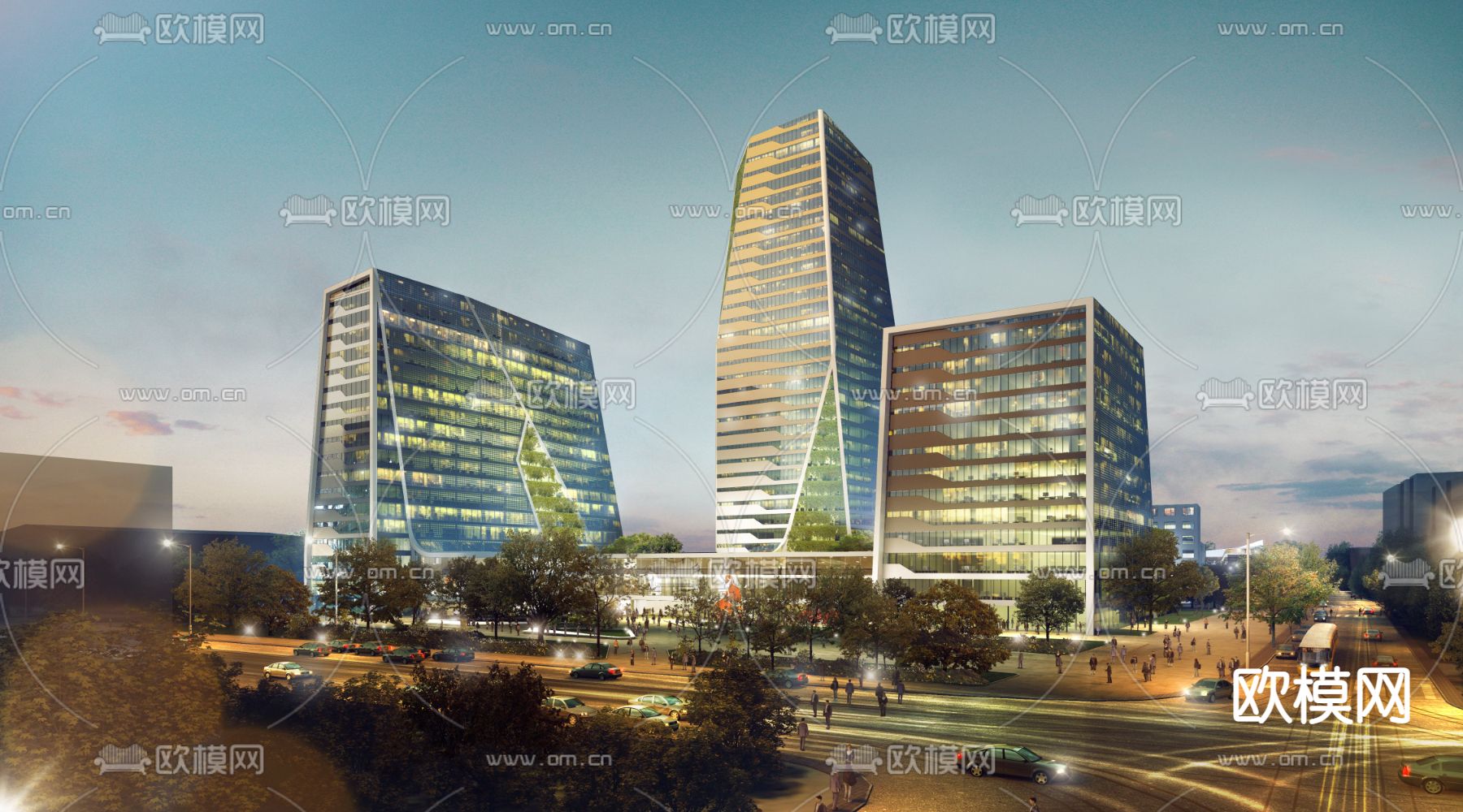 现代办公楼建筑外观夜景psd下载