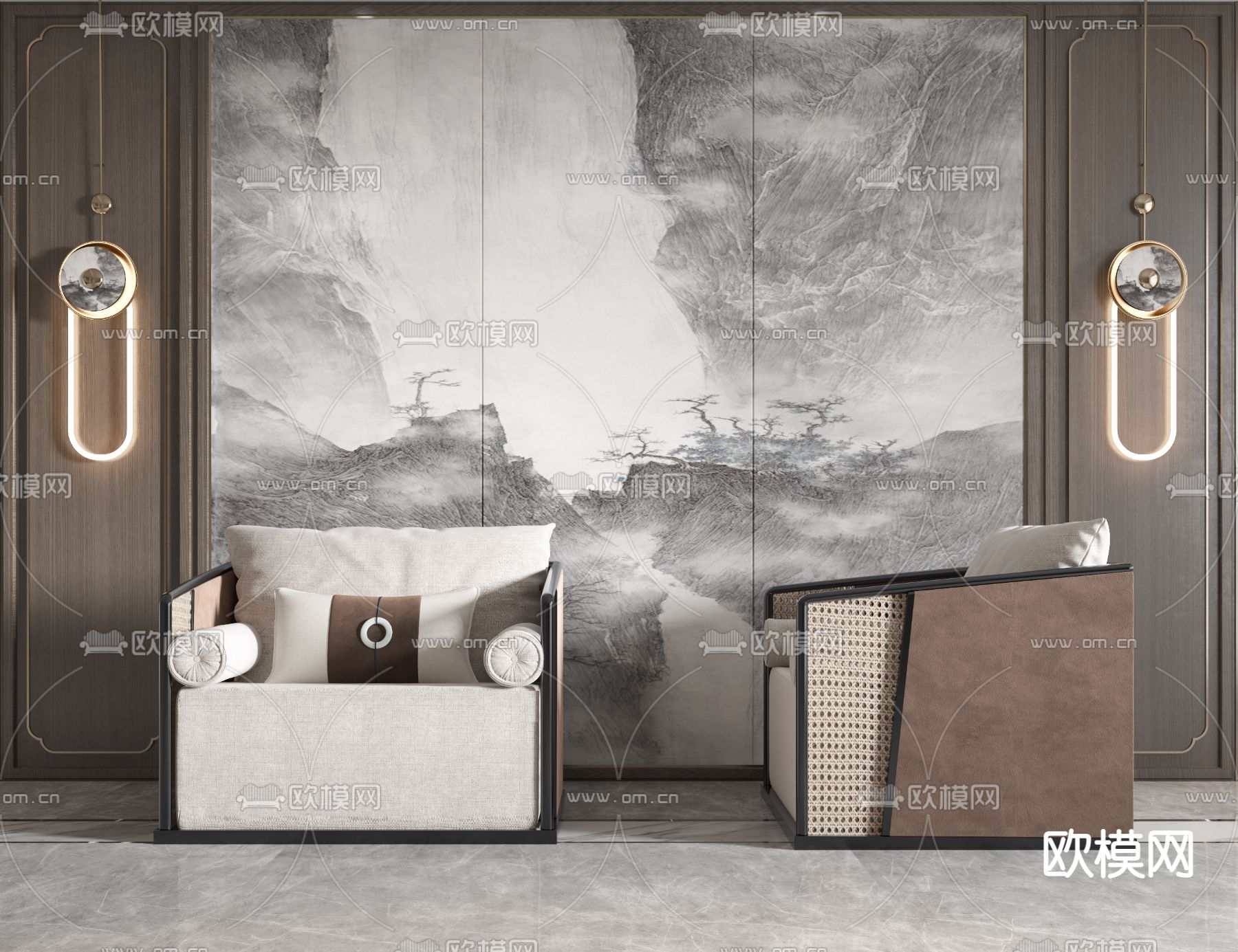 新中式单人沙发3d模型下载