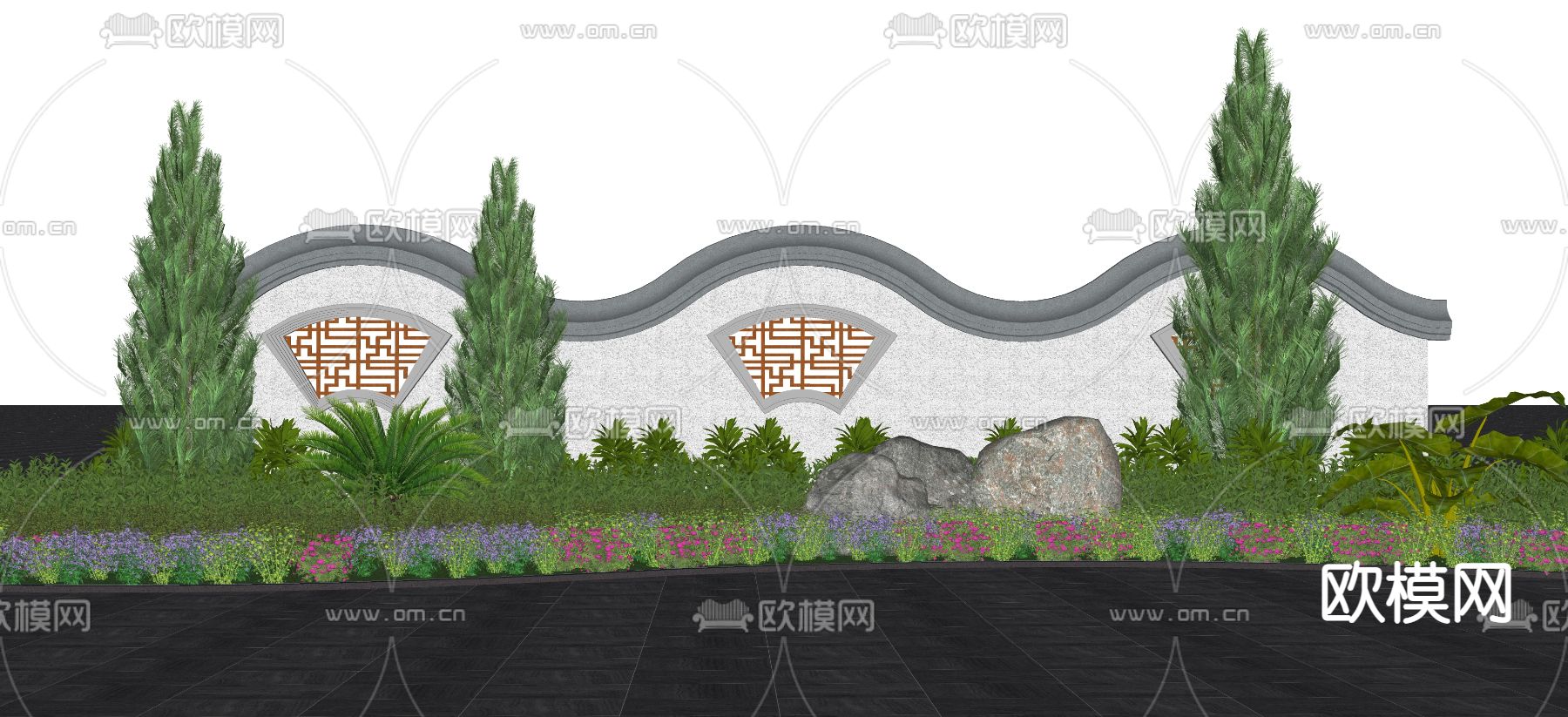 新中式植物堆灌木花草su模型下载（渲染图2）