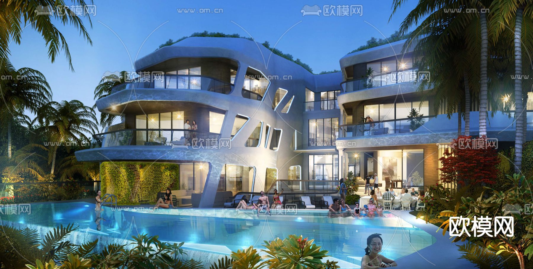 现代酒店游泳池夜景psd下载