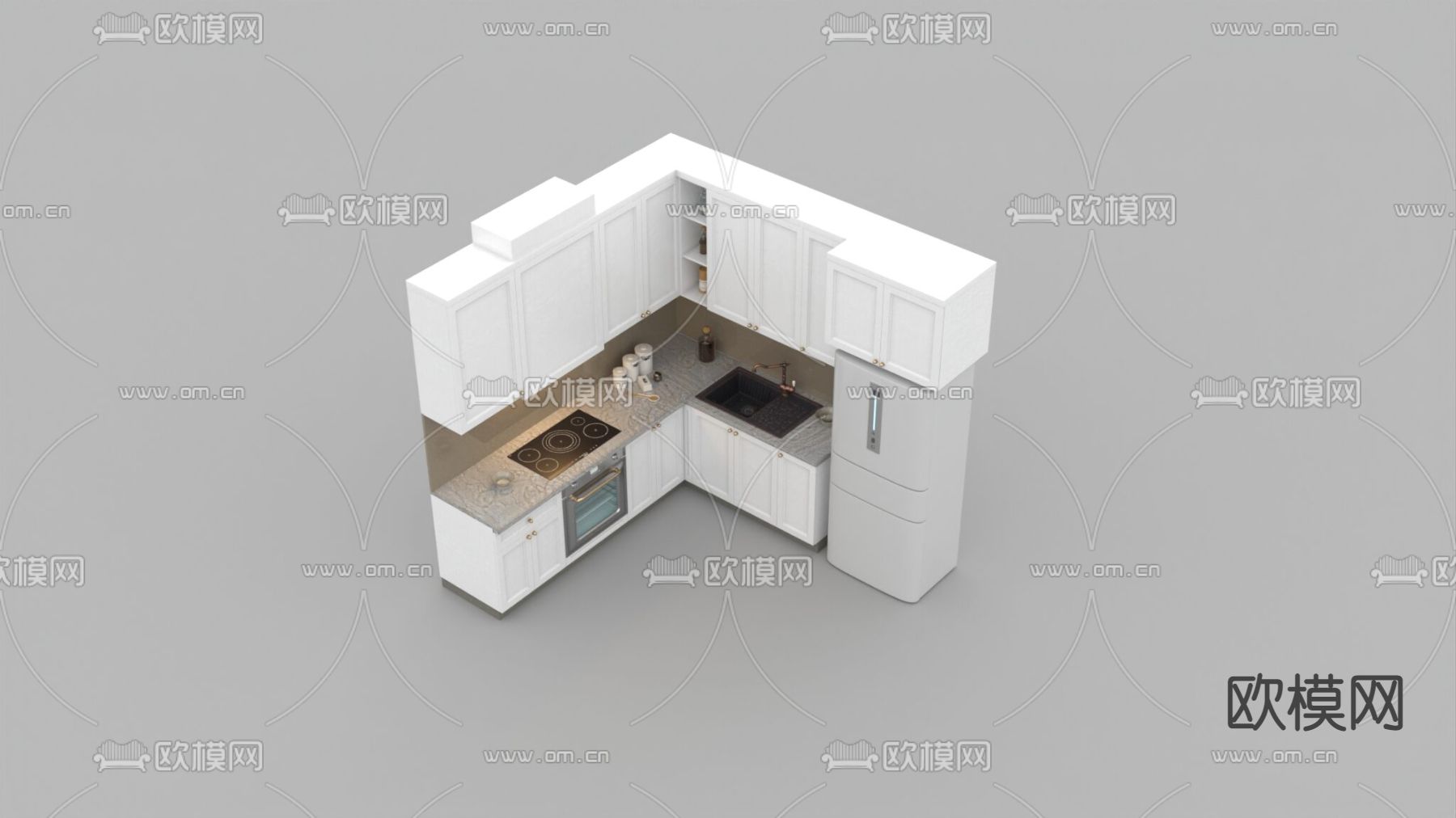 简欧实木大理石转角橱柜免费3d模型下载