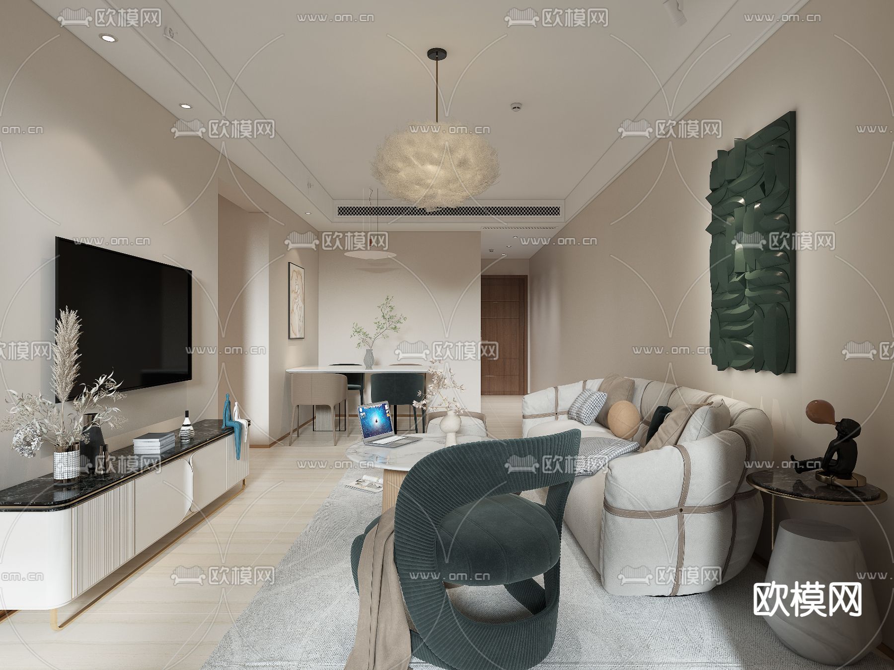 奶油风客餐厅免费3d模型下载（渲染图3）