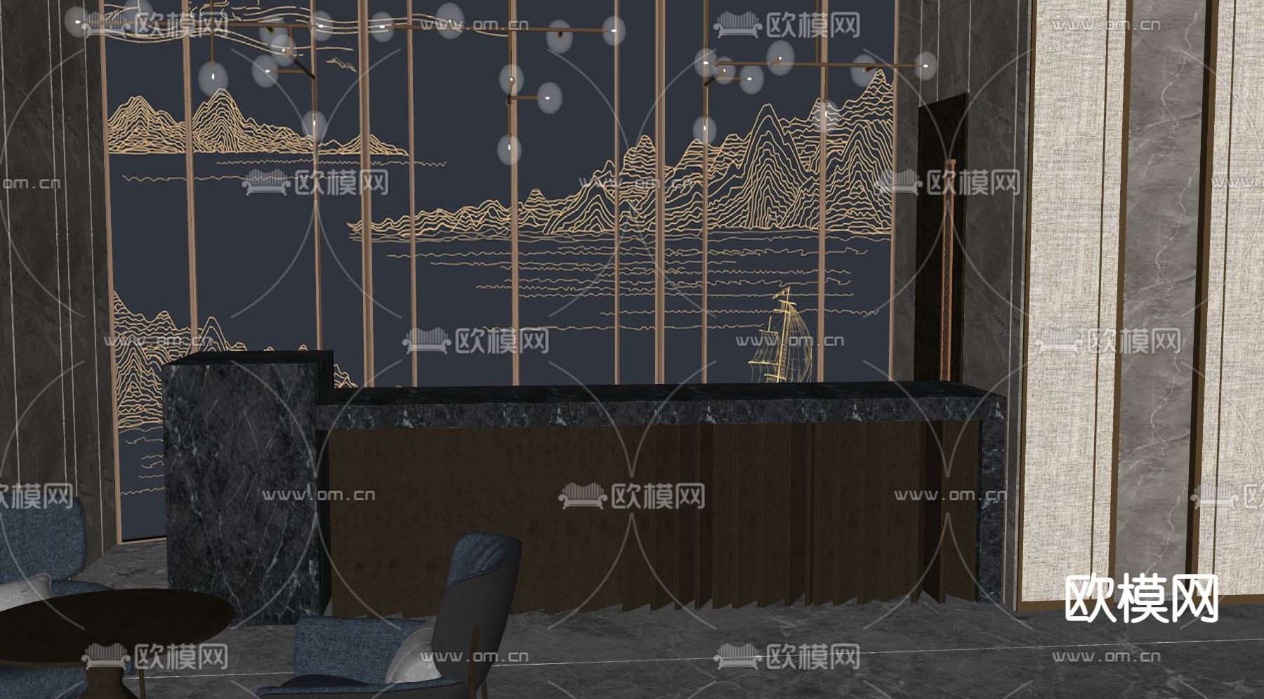新中式酒店大堂su模型下载（渲染图3）