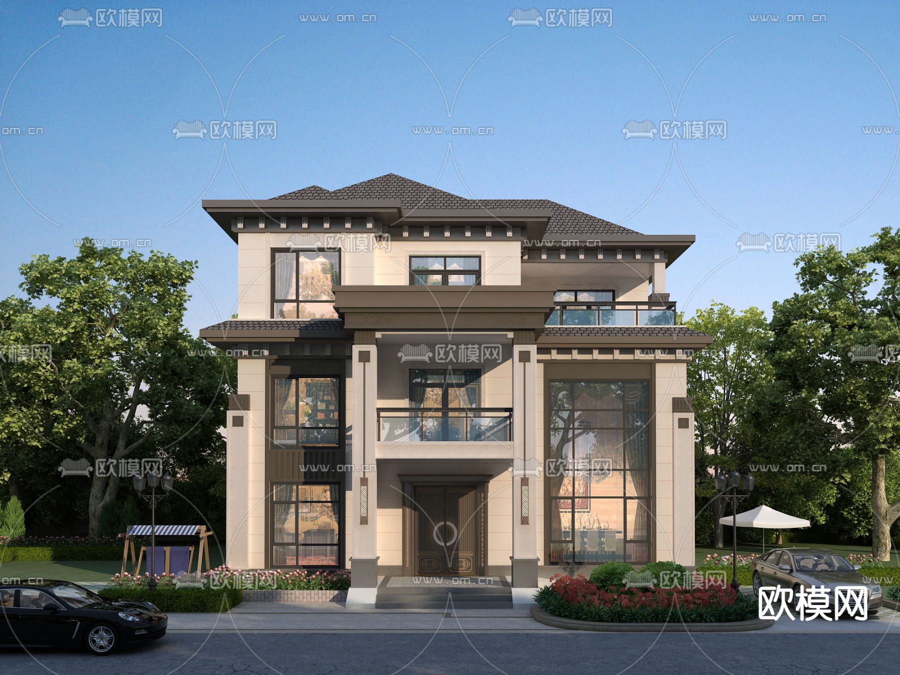 新中式独栋别墅外观3d模型下载