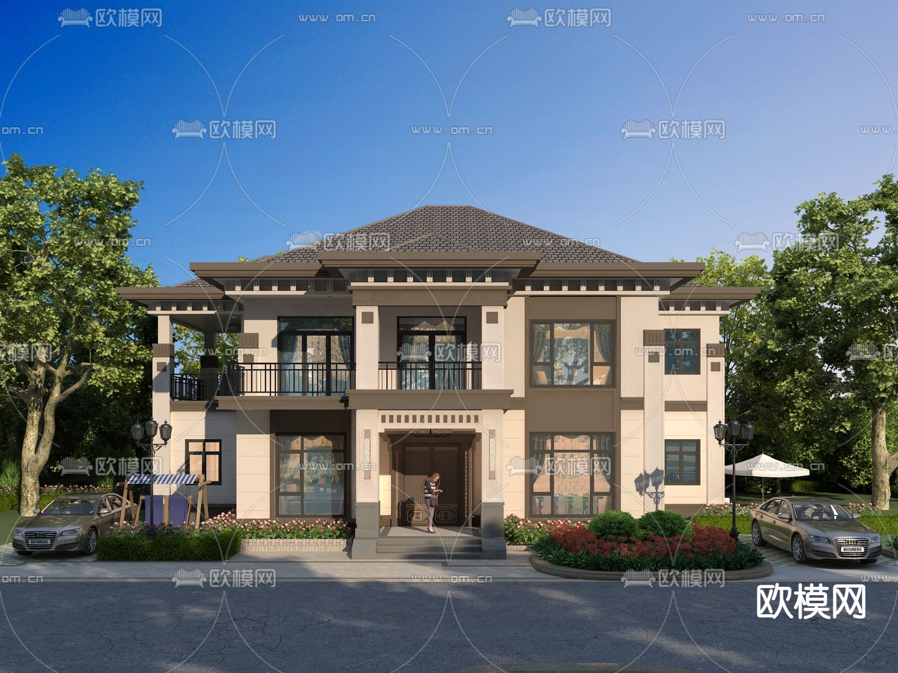 新中式独栋别墅外观3d模型下载