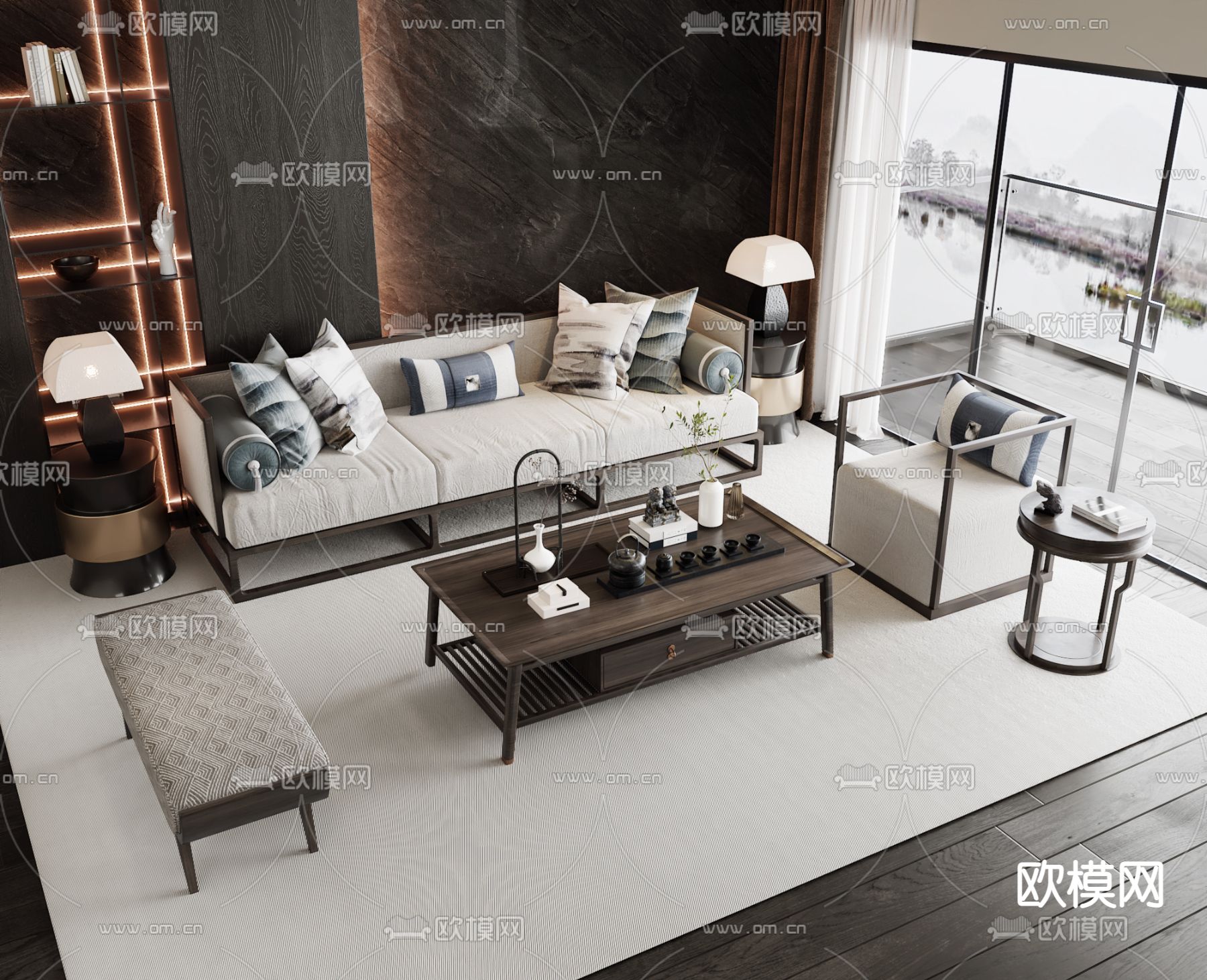 新中式白色组合沙发3d模型下载