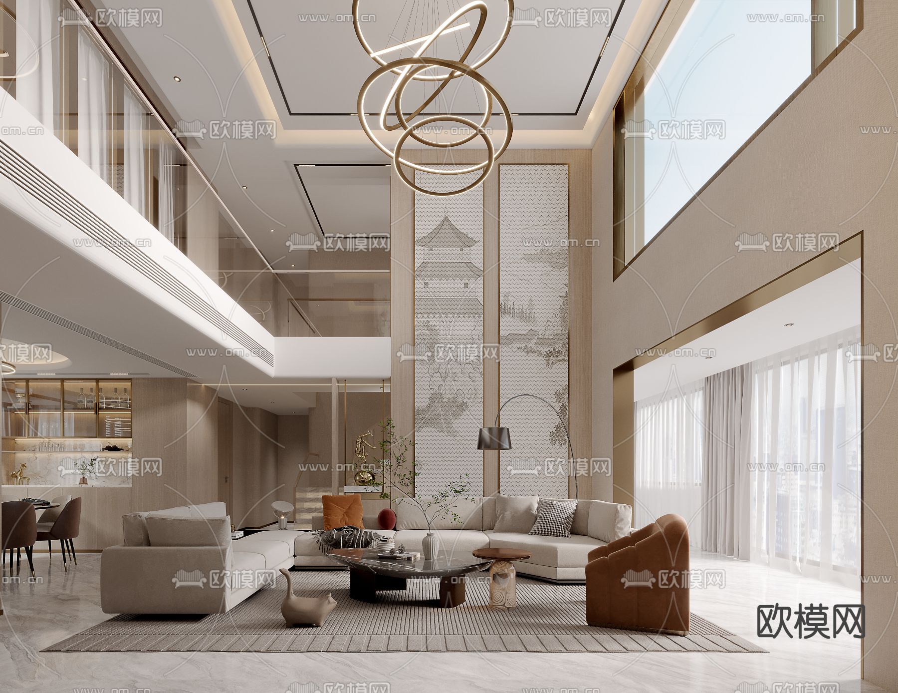 轻奢风别墅客餐厅大堂3d模型下载（渲染图1）