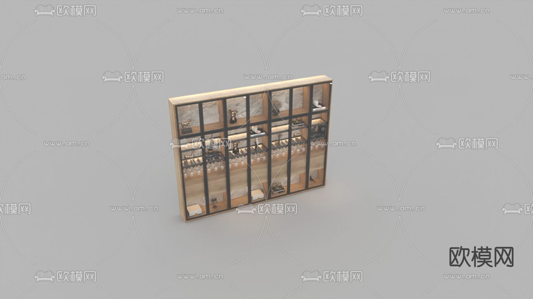 现代简约实木玻璃门酒柜免费3d模型下载
