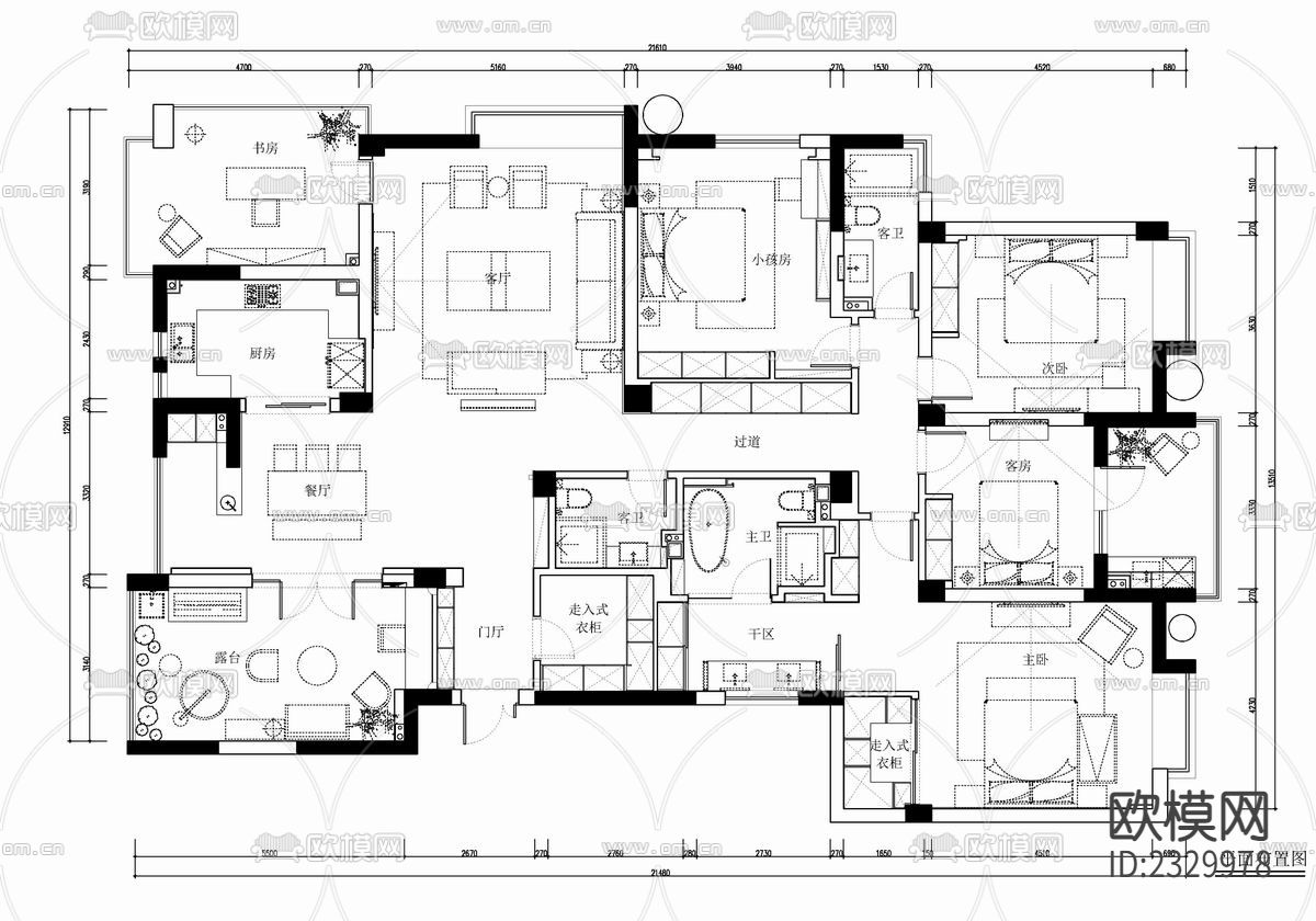 260㎡大平层五居室cad施工图下载（渲染图2）