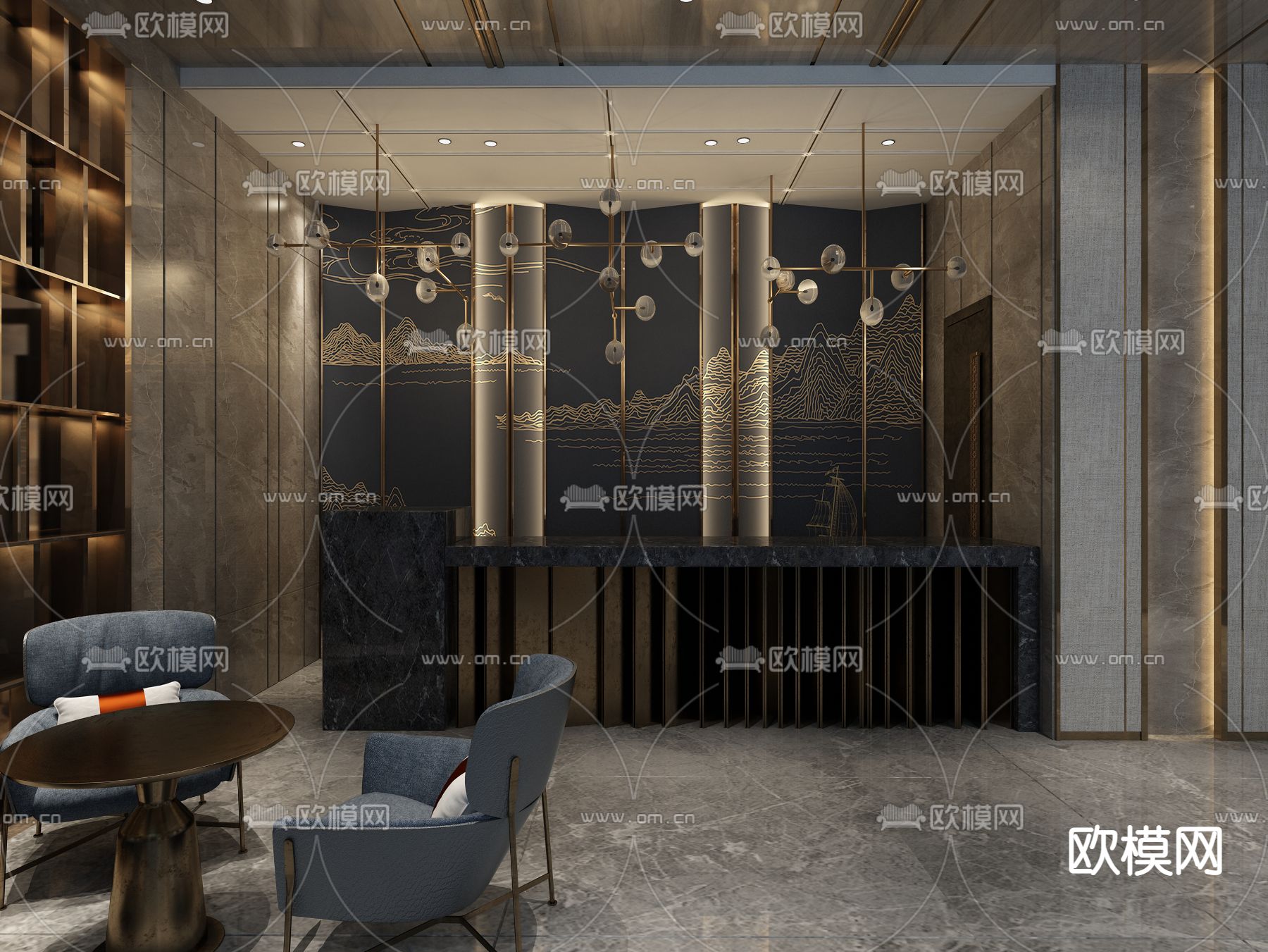 新中式酒店大堂su模型下载（渲染图1）