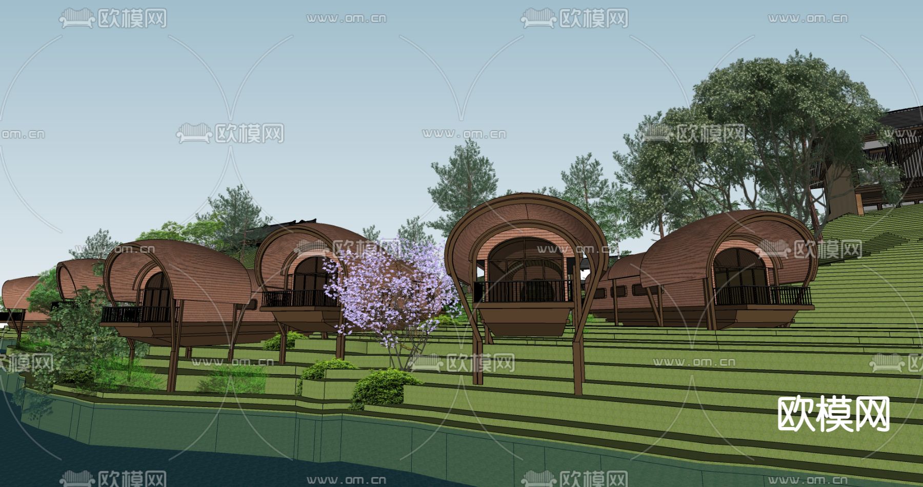 现代树屋木屋鸟巢民宿su模型下载（渲染图3）