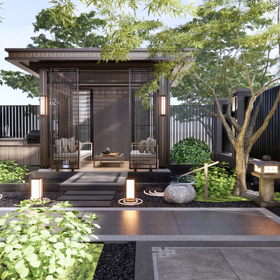  新中式庭院景观su模型 