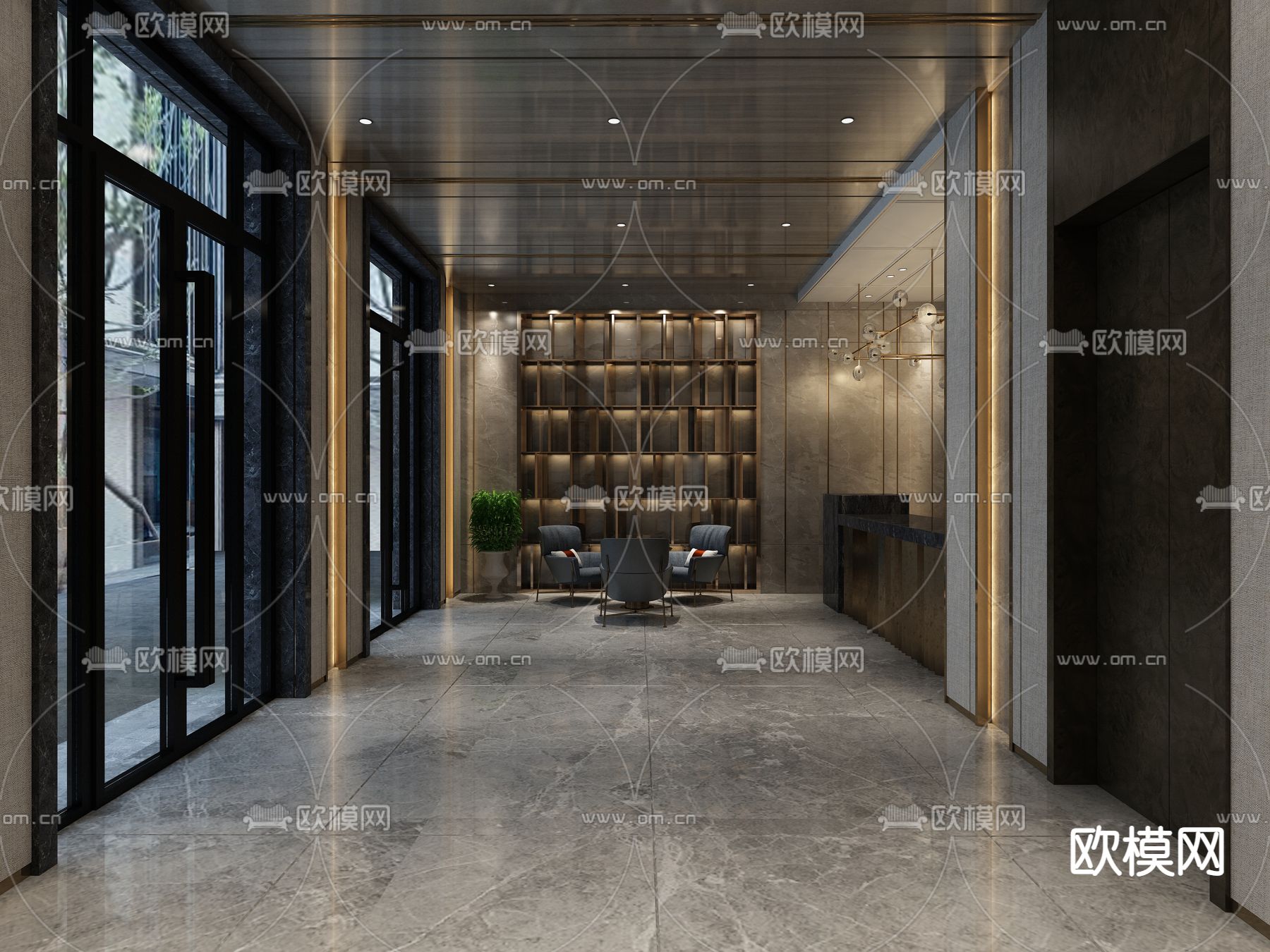 新中式酒店大堂su模型下载（渲染图2）