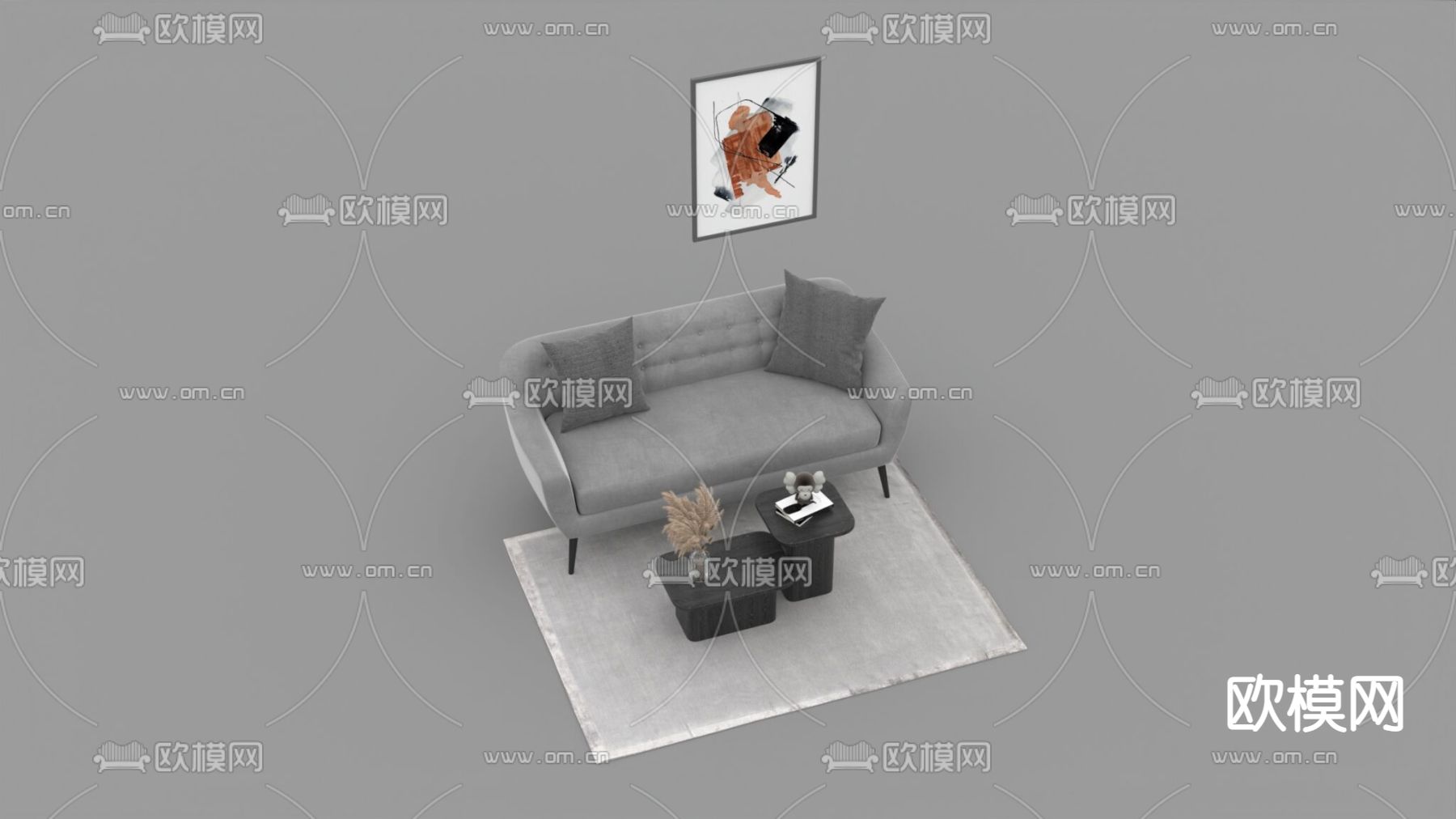 现代简约布艺实木沙发组合免费3d模型下载