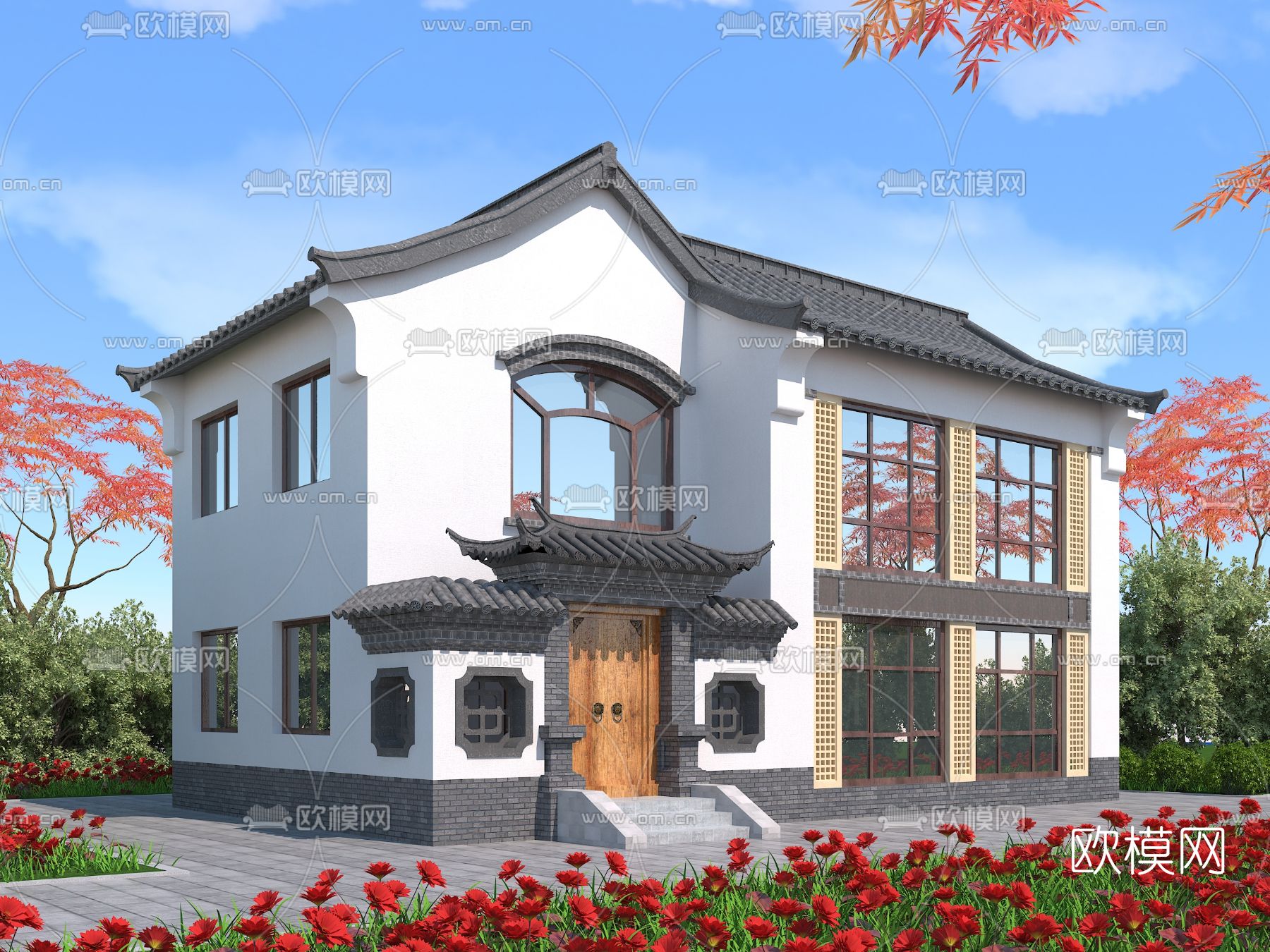 中式独栋别墅外观3d模型下载