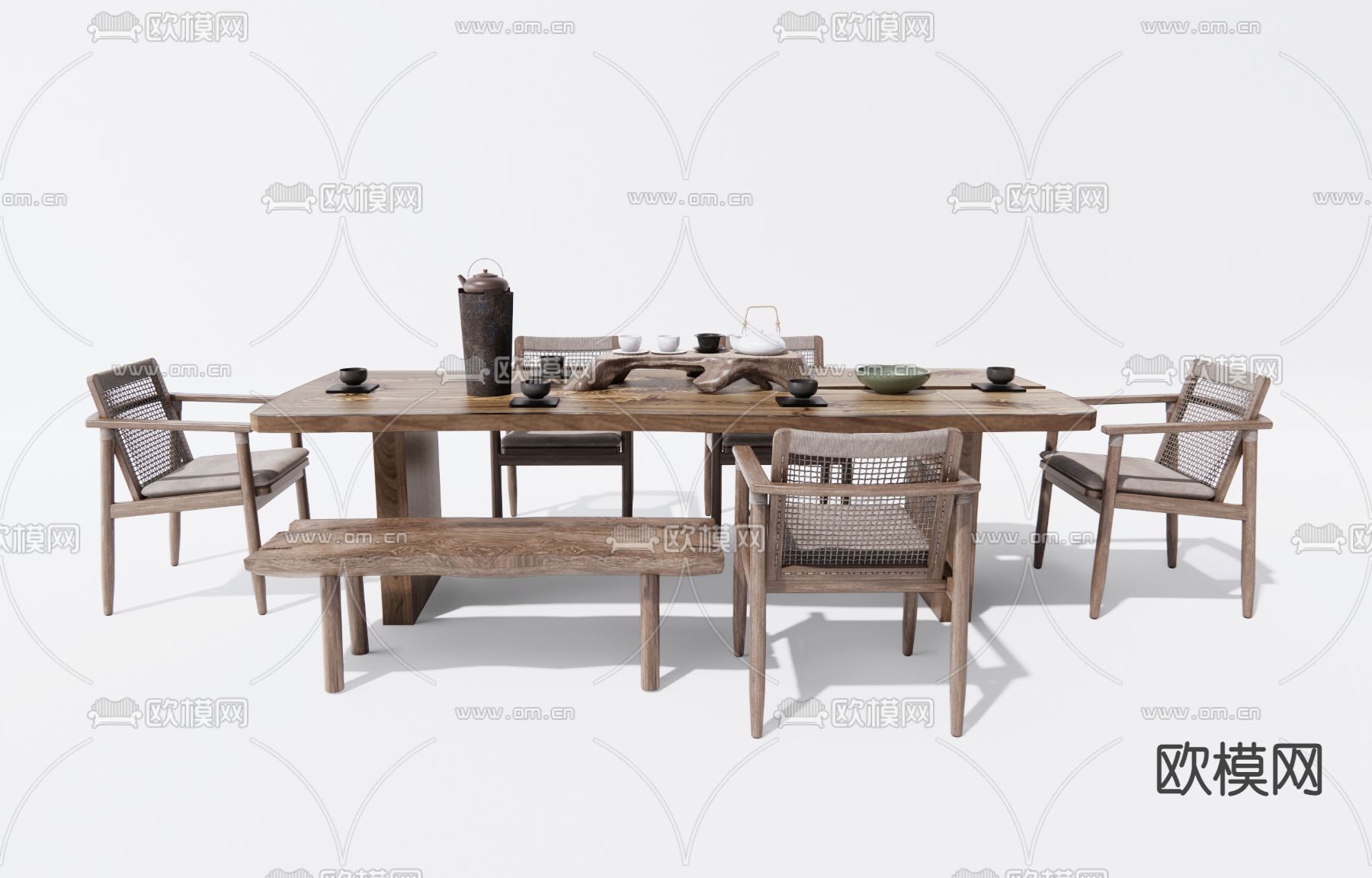 新中式茶桌椅su模型下载（渲染图1）