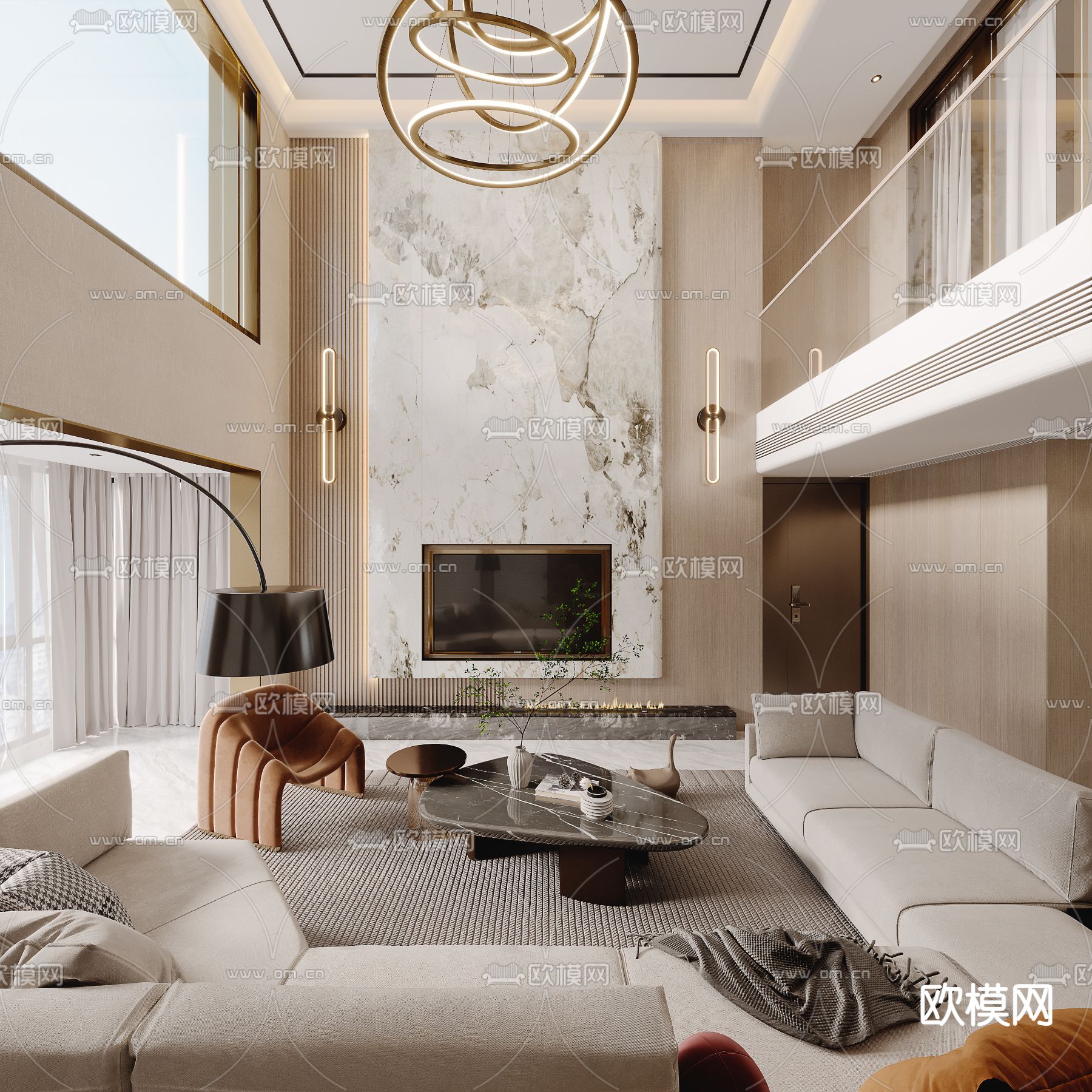 轻奢风别墅客餐厅大堂3d模型下载（渲染图3）