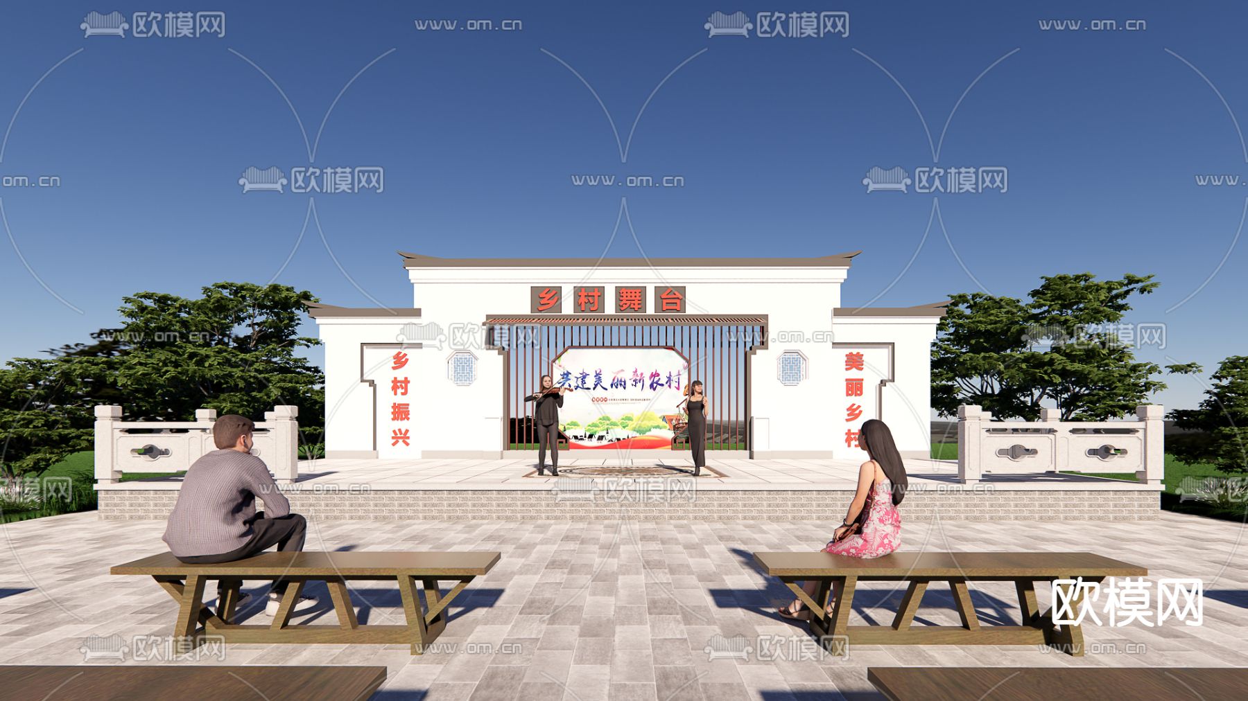 新中式乡村百姓戏台su模型