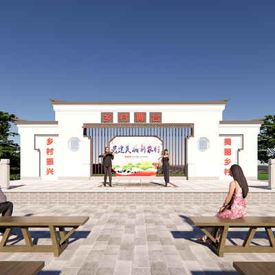  新中式乡村百姓戏台su模型 