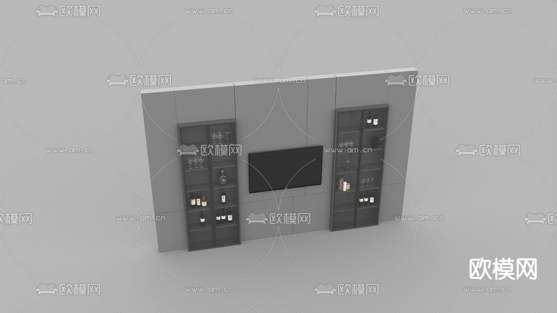 现代简约实木玻璃钢电视背景墙免费3d模型下载