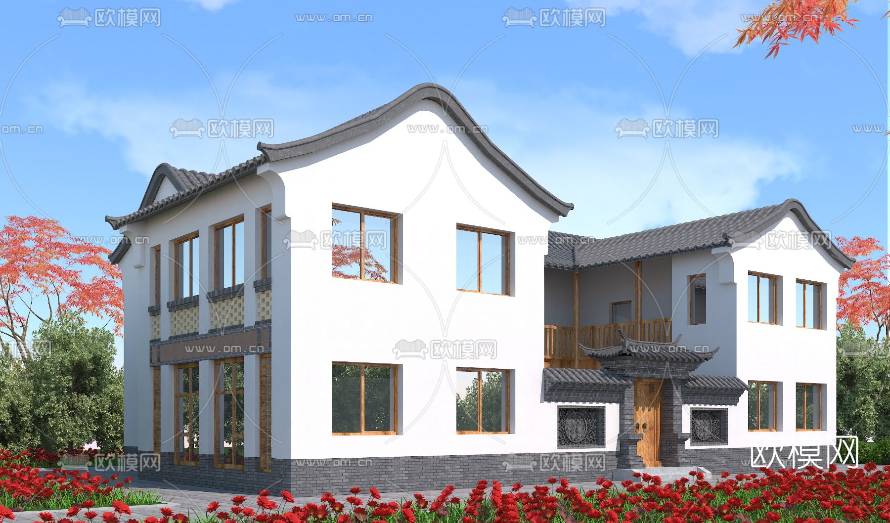 中式独栋别墅外观3d模型下载