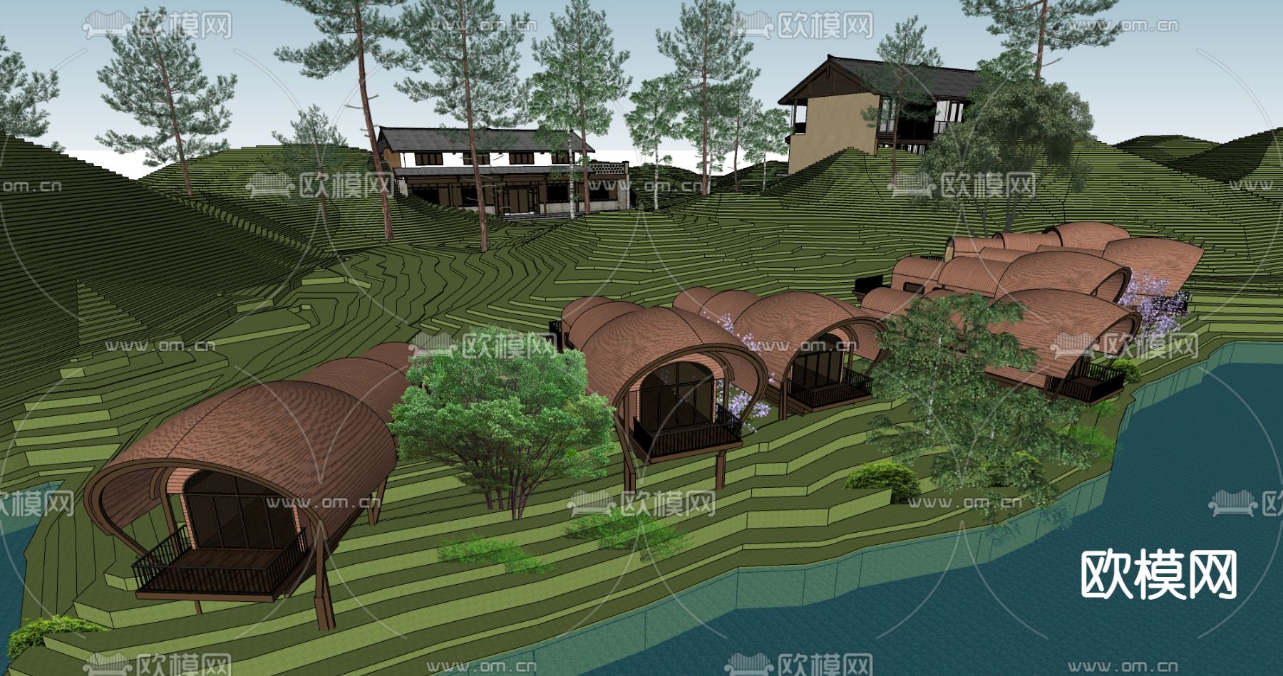 现代树屋木屋鸟巢民宿su模型下载（渲染图2）