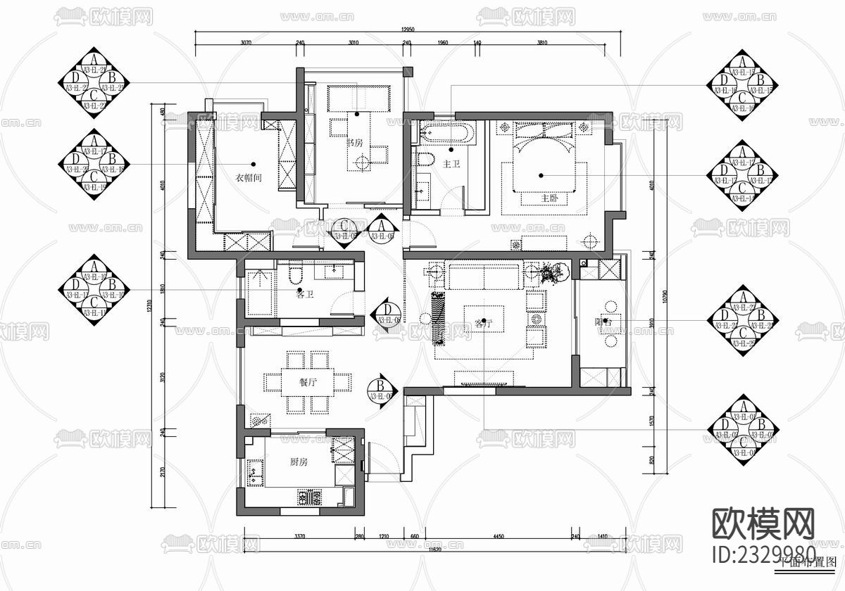 134㎡家装cad施工图下载（渲染图2）