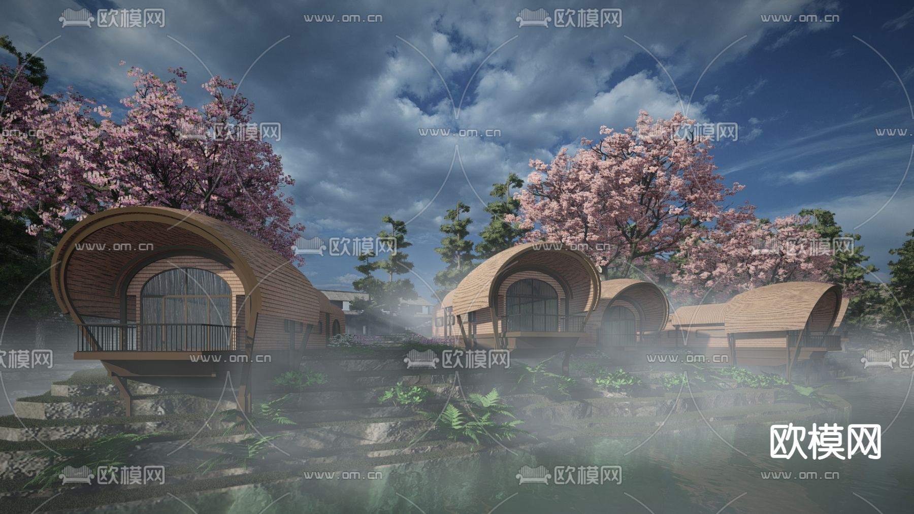 现代树屋木屋鸟巢民宿su模型下载（渲染图1）