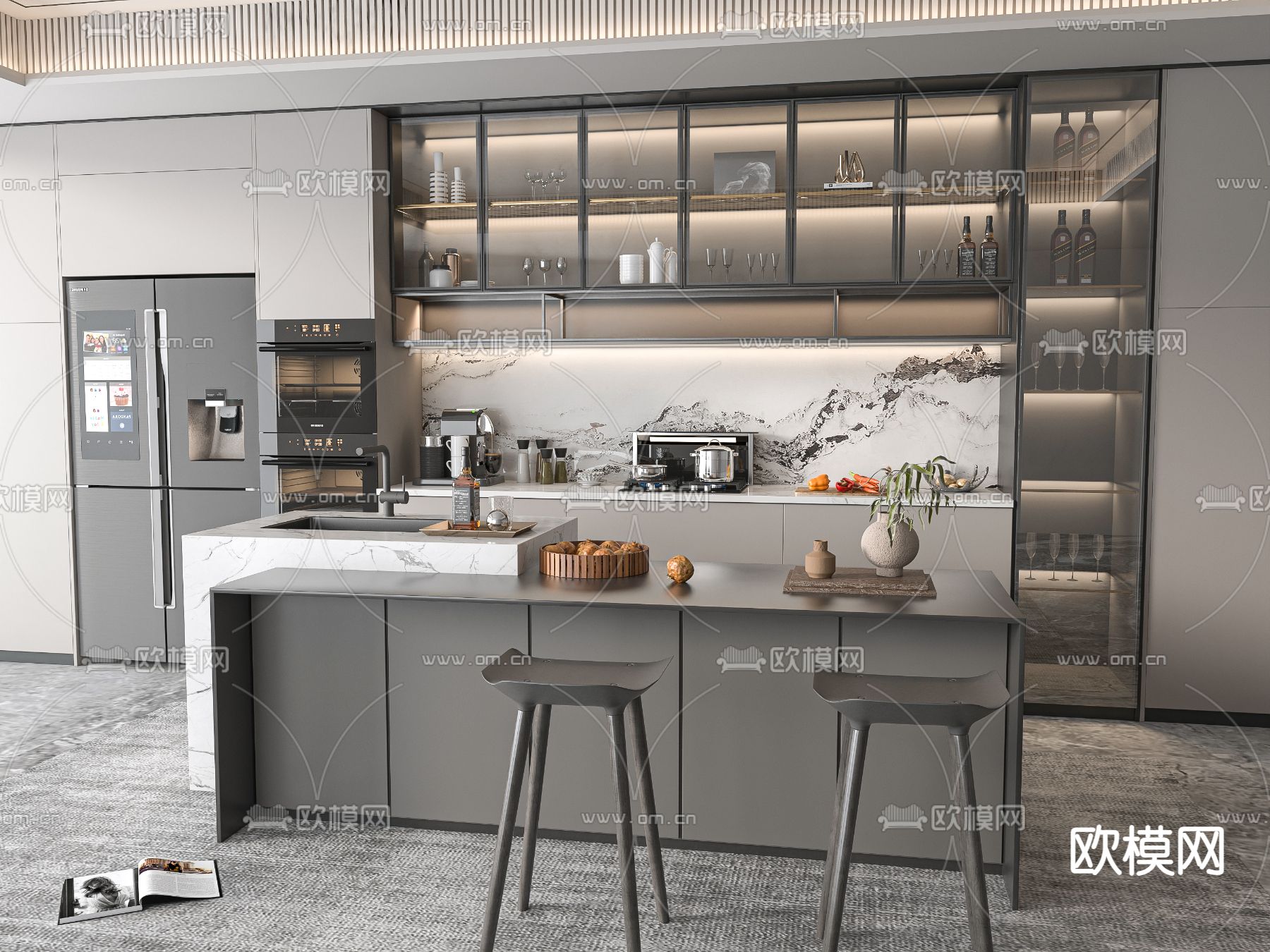 高级灰岛台餐桌椅3d模型下载