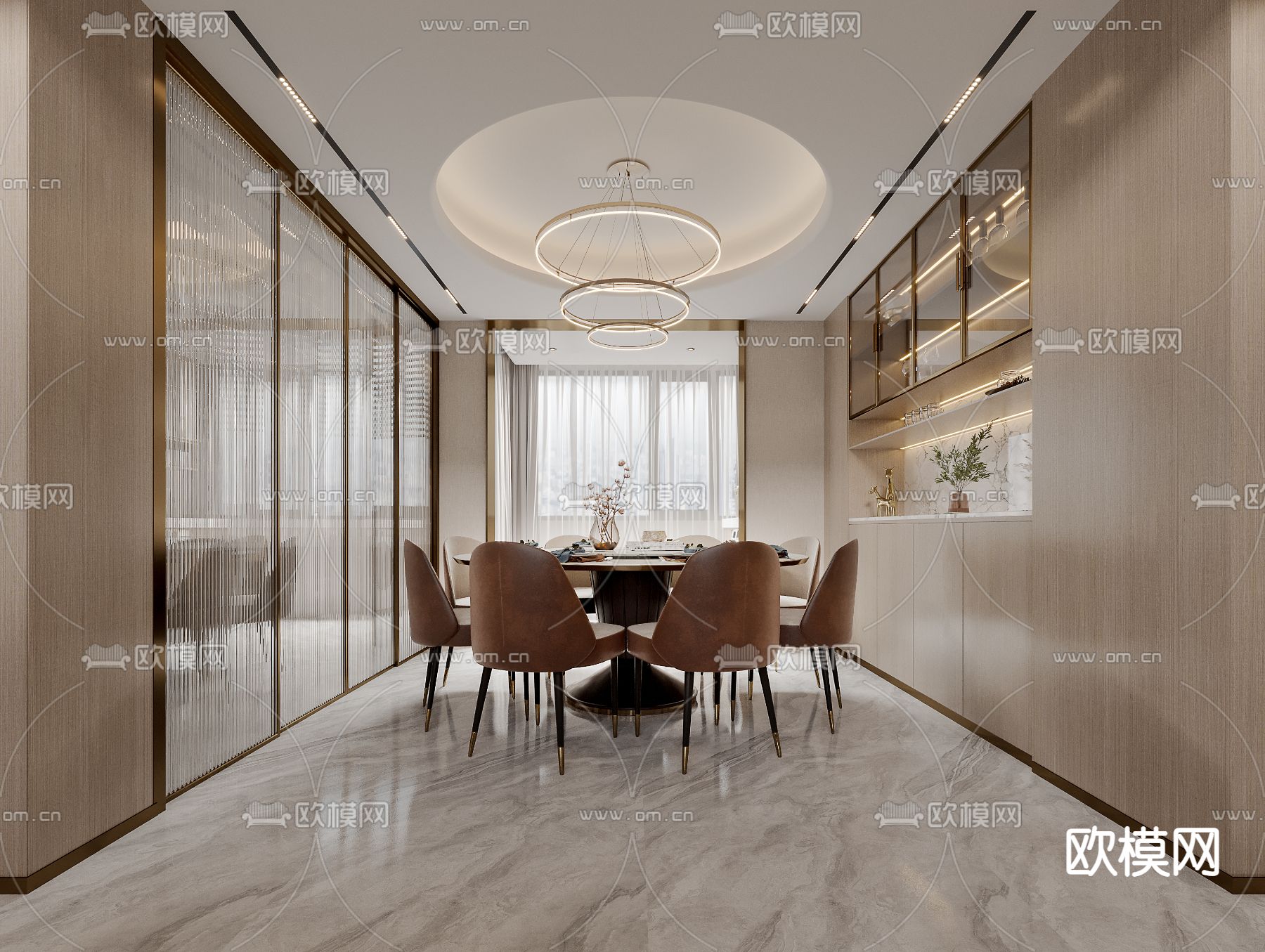 轻奢风别墅客餐厅大堂3d模型下载（渲染图2）
