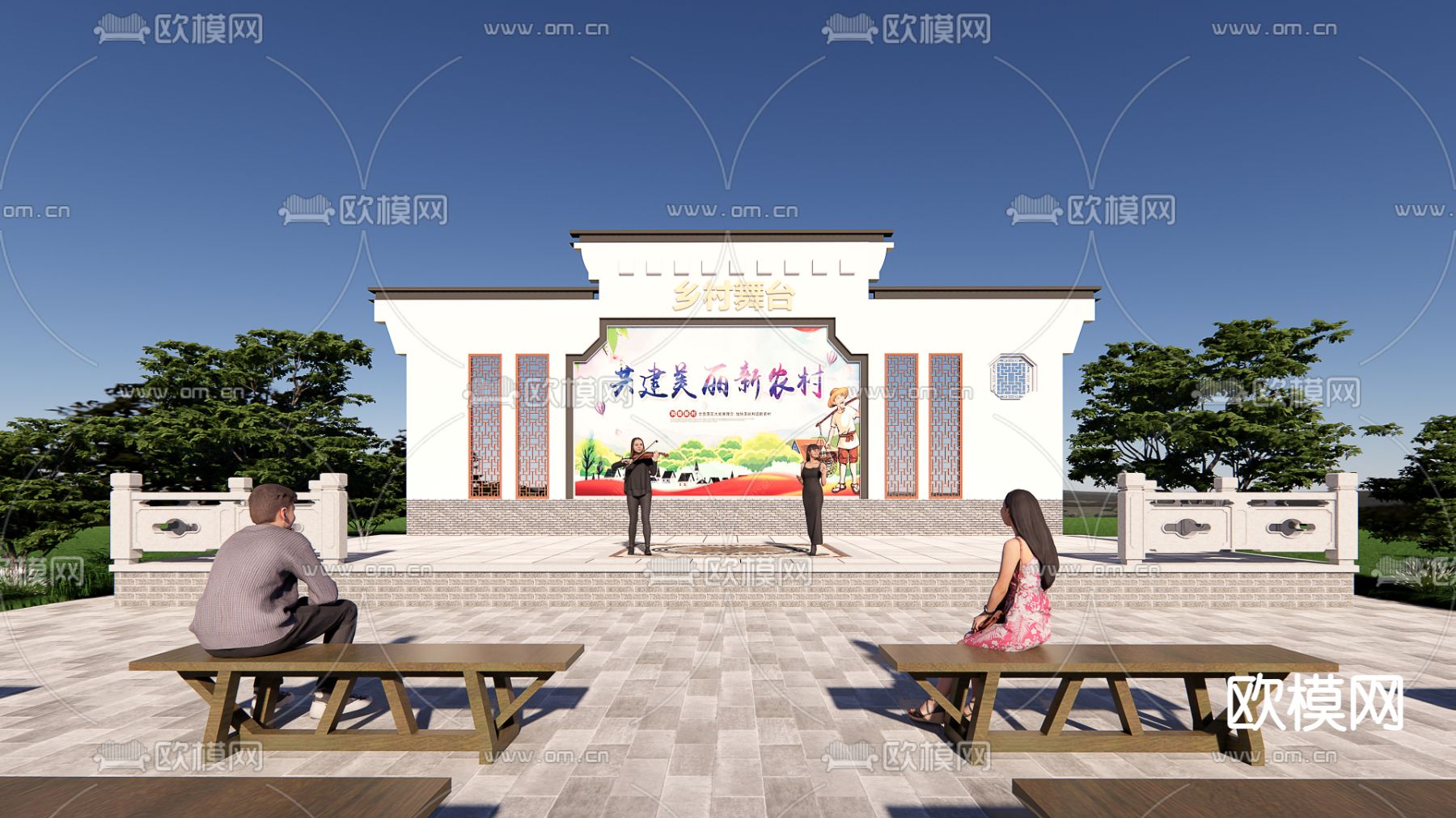 新中式乡村百姓戏台su模型下载（渲染图1）