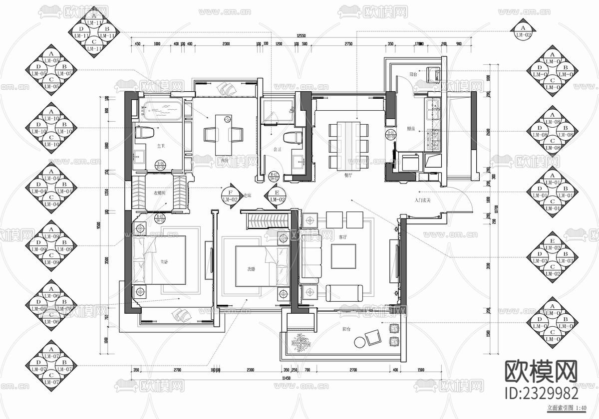 110㎡新中式样板房cad施工图下载（渲染图1）