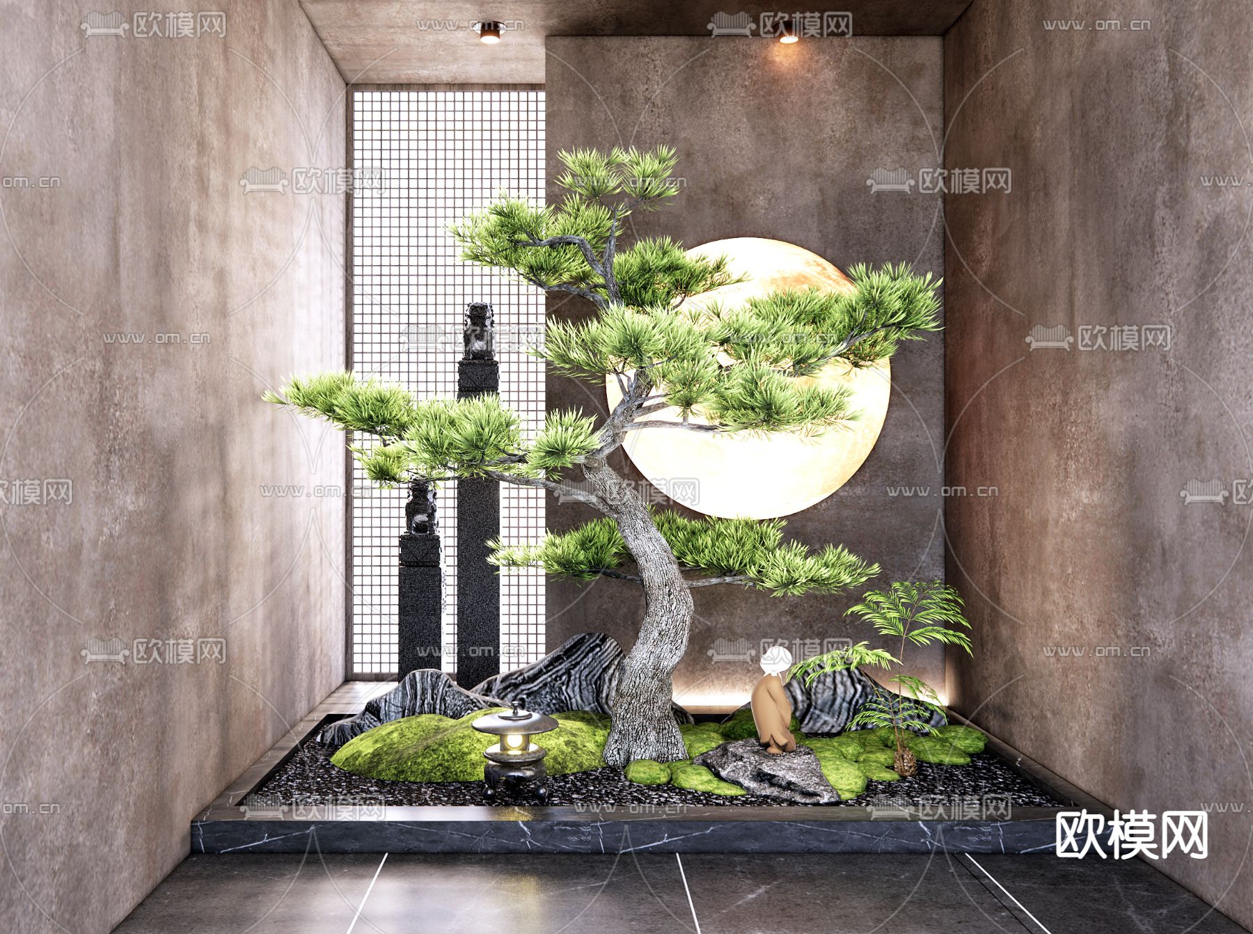 新中式松树 假石 苔藓植物造景3d模型下载_ID12161071_3dmax免费模型-欧模网