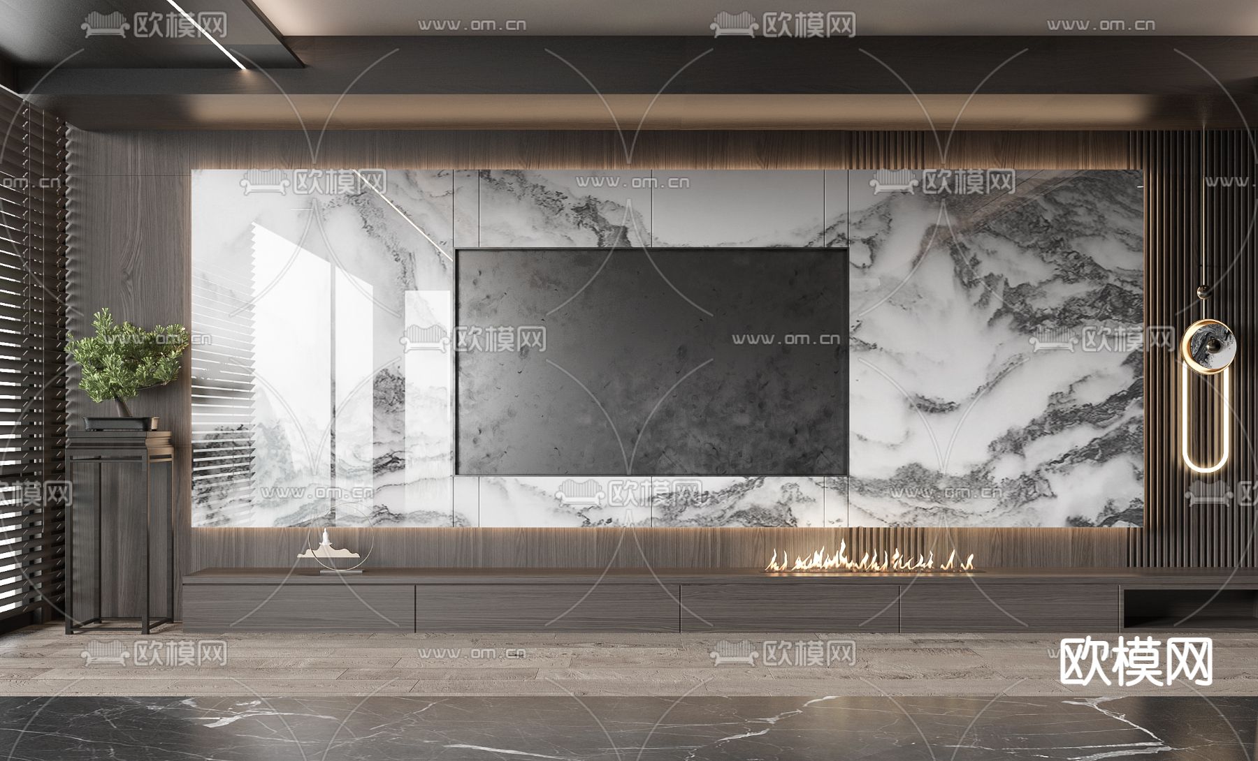 新中式电视背景墙3d模型