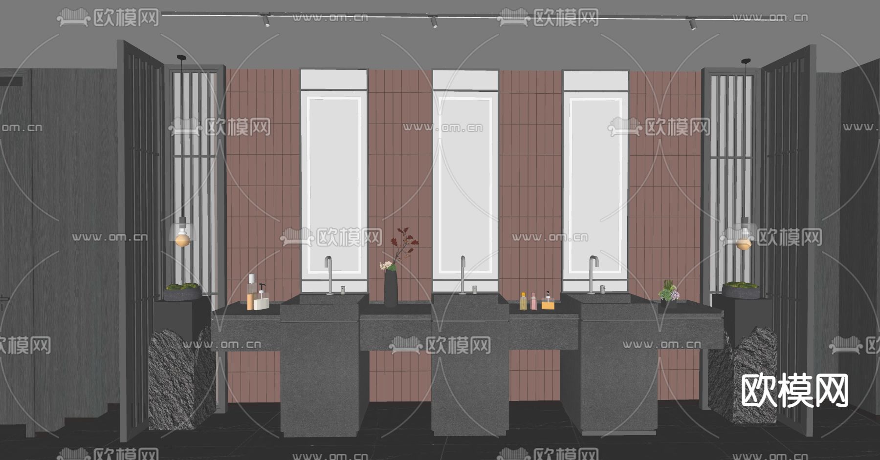 新中式公共卫生间su模型下载（渲染图2）