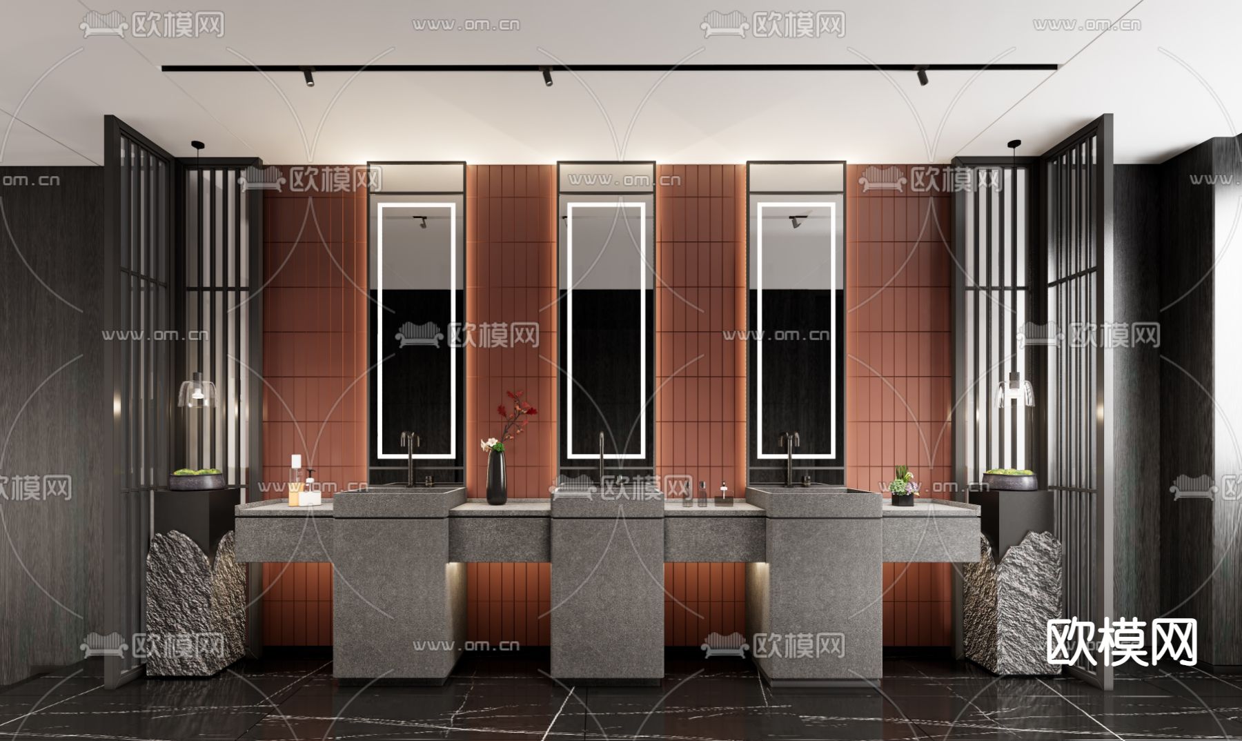新中式公共卫生间su模型下载（渲染图1）