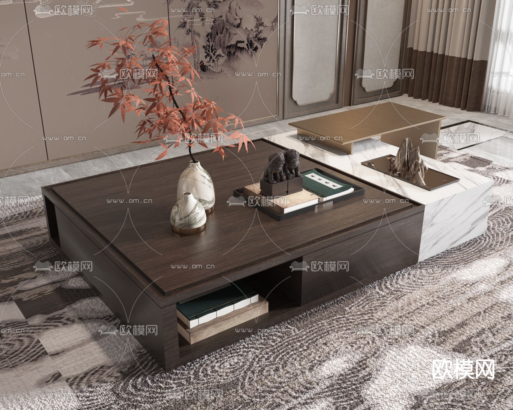 新中式方形茶几3d模型下载_ID12161900_3dmax免费模型-欧模网