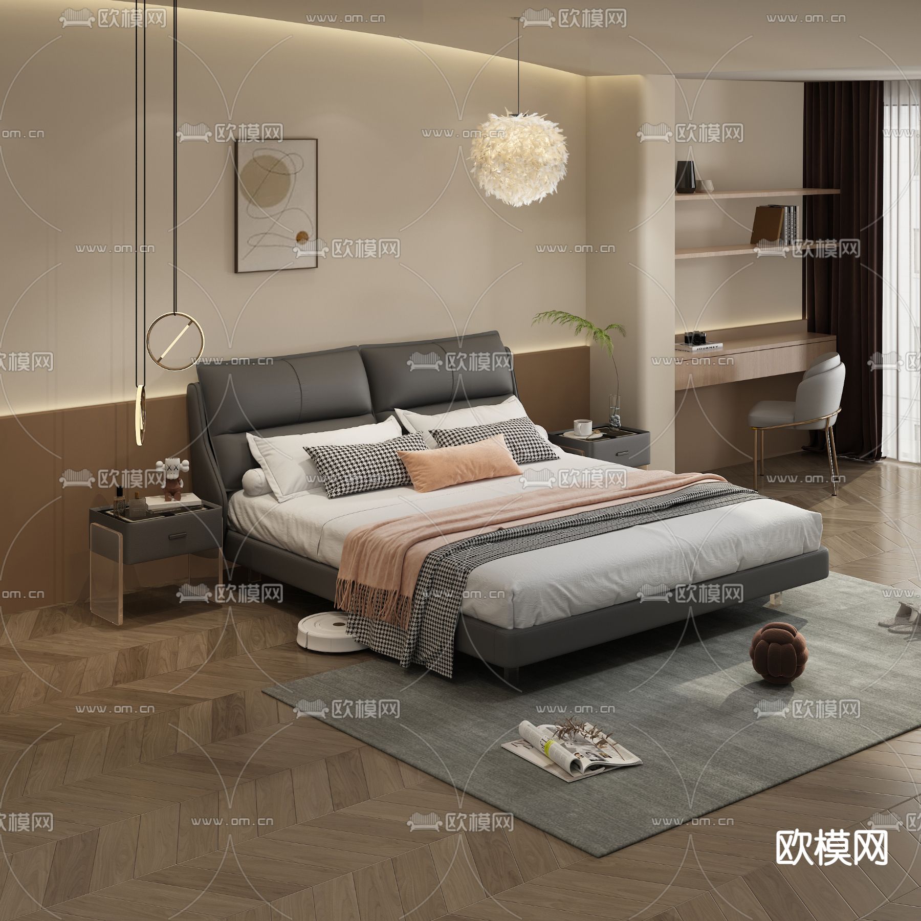 现代皮革双人床3d模型下载