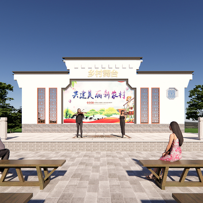  新中式乡村百姓戏台su模型 