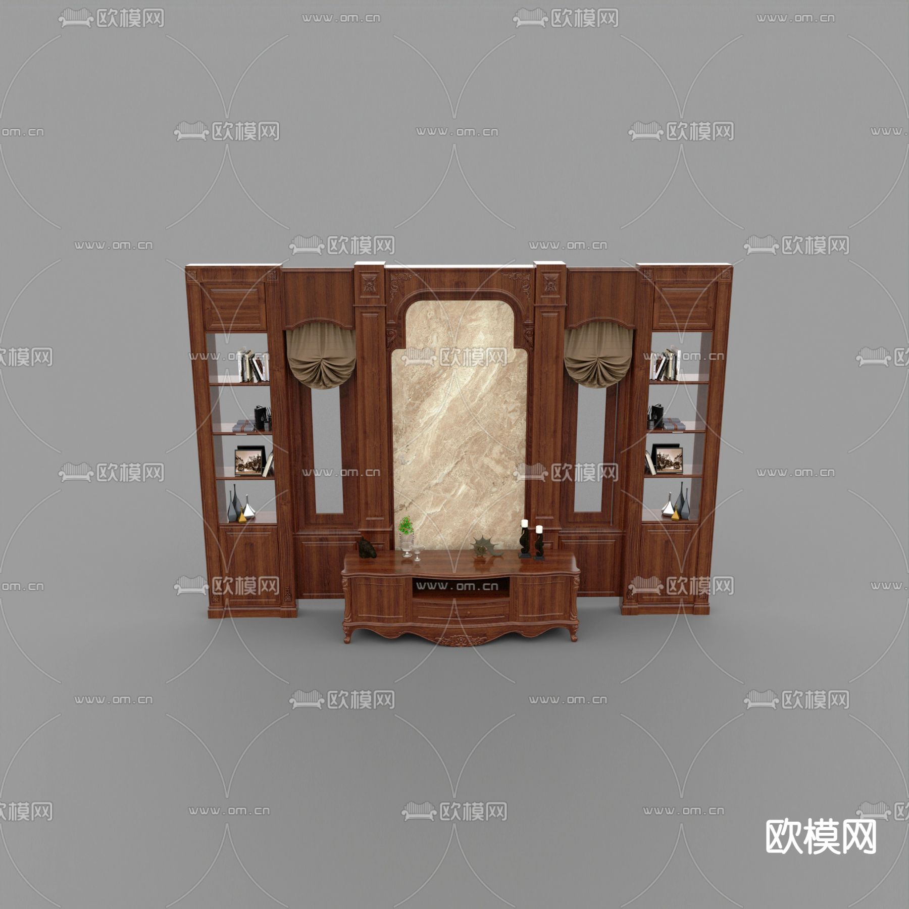 欧式古典实木电视背景墙电视柜免费3d模型下载