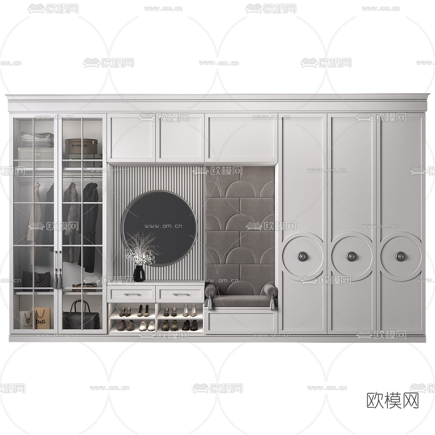 简欧一体式衣柜 鞋柜3d模型下载（渲染图1）
