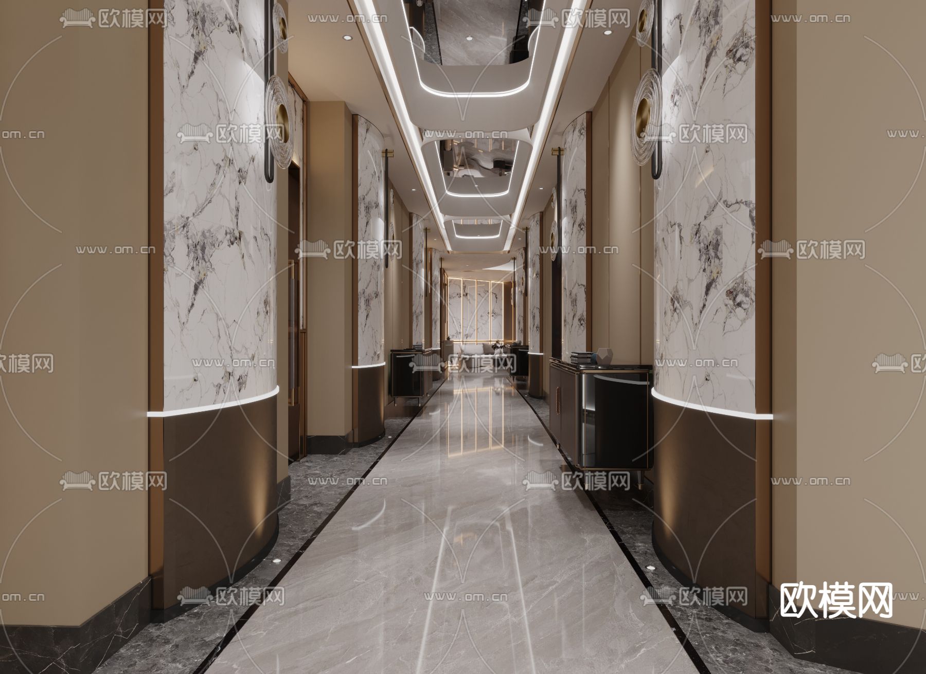 轻奢酒店大堂 走廊过道3d模型下载（渲染图3）