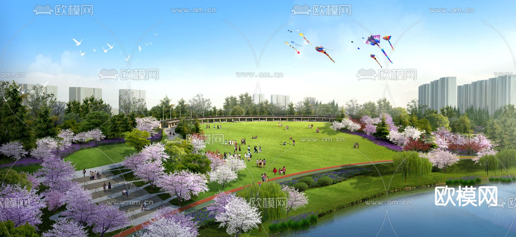 现代公园放风筝鸟瞰psd下载_ID12162683_3dmax免费模型-欧模网